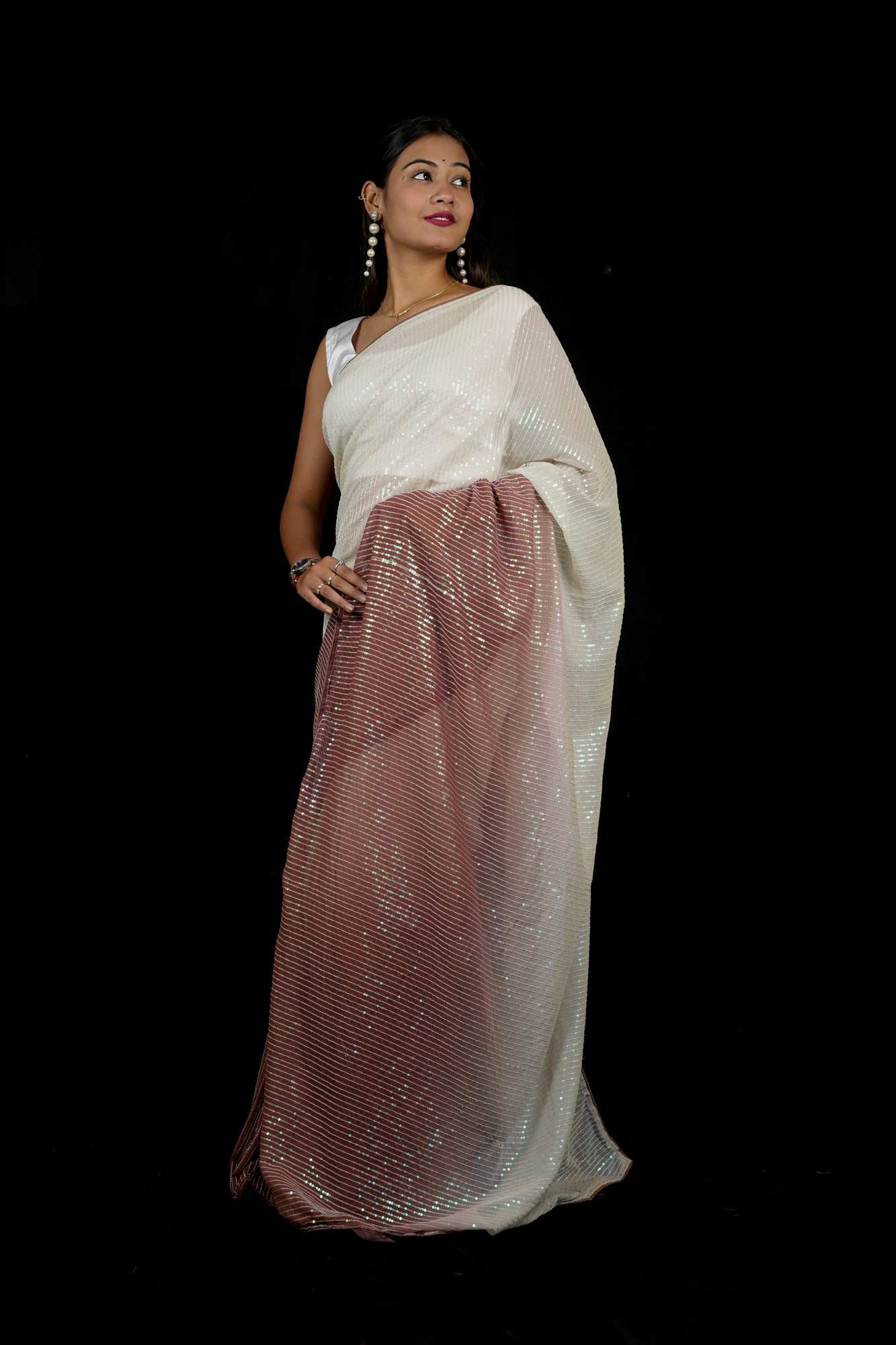 Georgette with 3MM Rainbow Sequin Embroidery Ready To Wear Saree