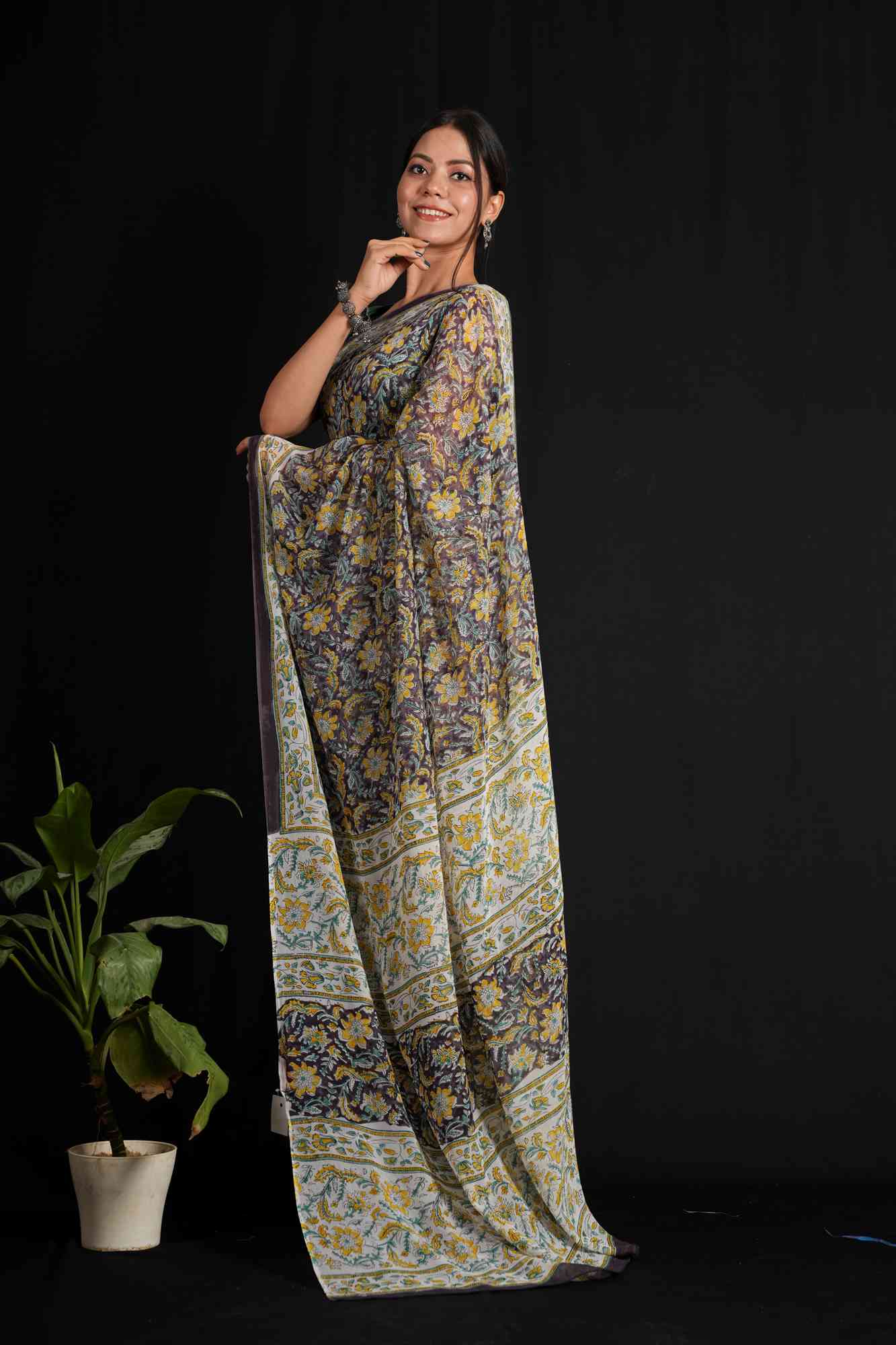 Plum Pure Georgette Predrape Saree with Rich Sanganeri Hand Block Print Ready To Wear Saree