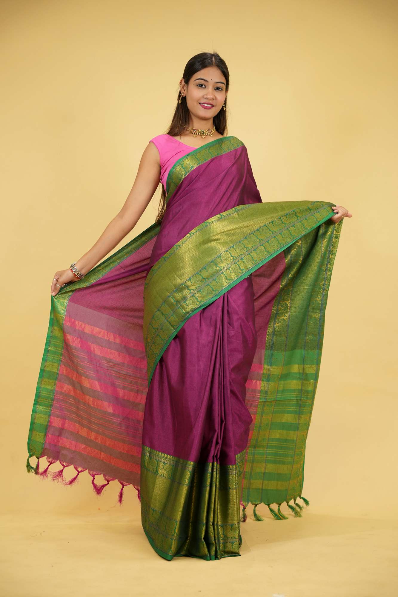 Cotton Silk With Gold woven Zari Work & Contrast pallu ready to Wear Saree