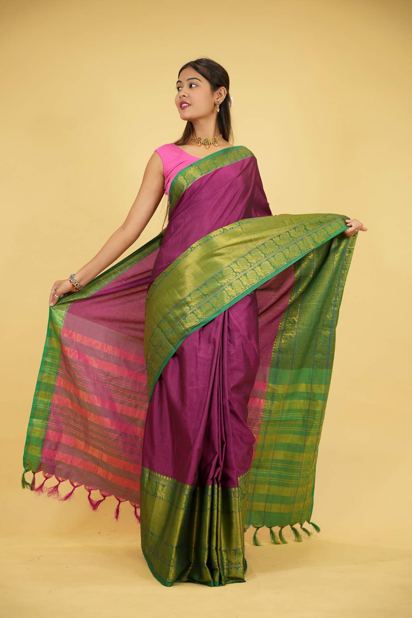 Cotton Silk With Gold woven Zari Work & Contrast pallu ready to Wear Saree