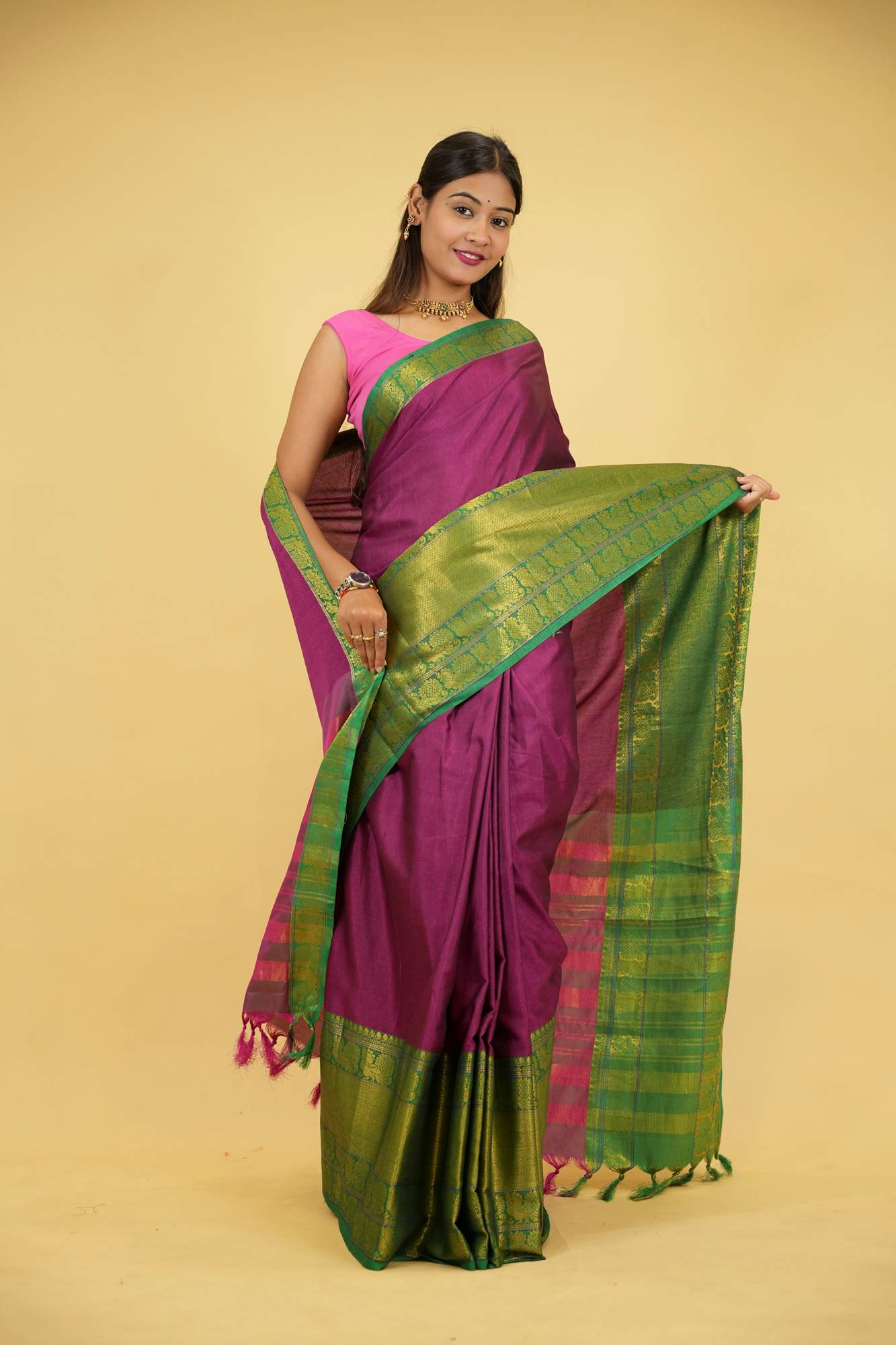 Cotton Silk With Gold woven Zari Work & Contrast pallu ready to Wear Saree