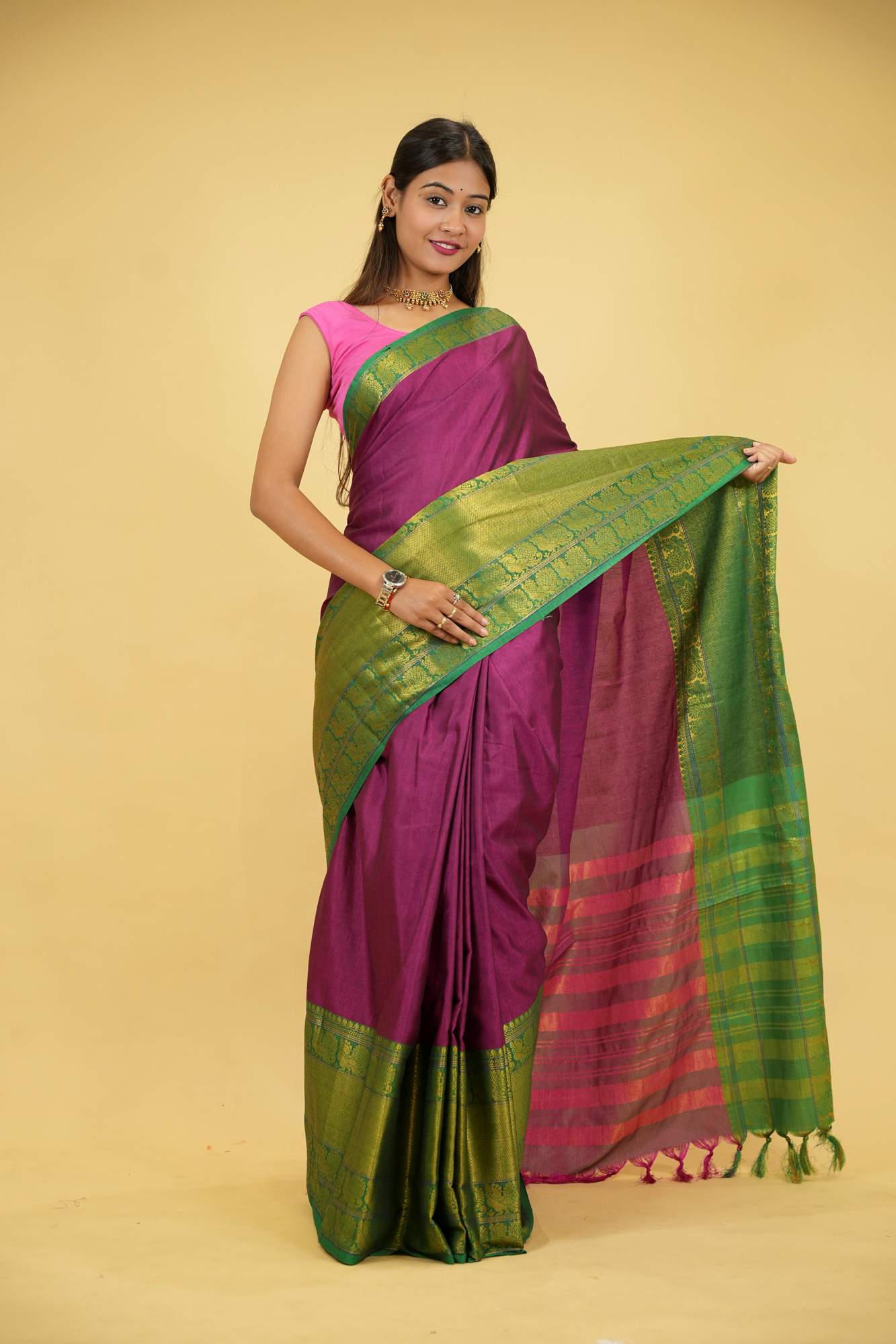 Cotton Silk With Gold woven Zari Work & Contrast pallu ready to Wear Saree