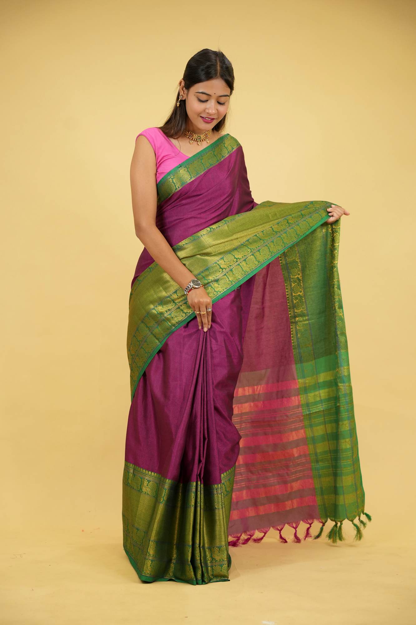 Cotton Silk With Gold woven Zari Work & Contrast pallu ready to Wear Saree