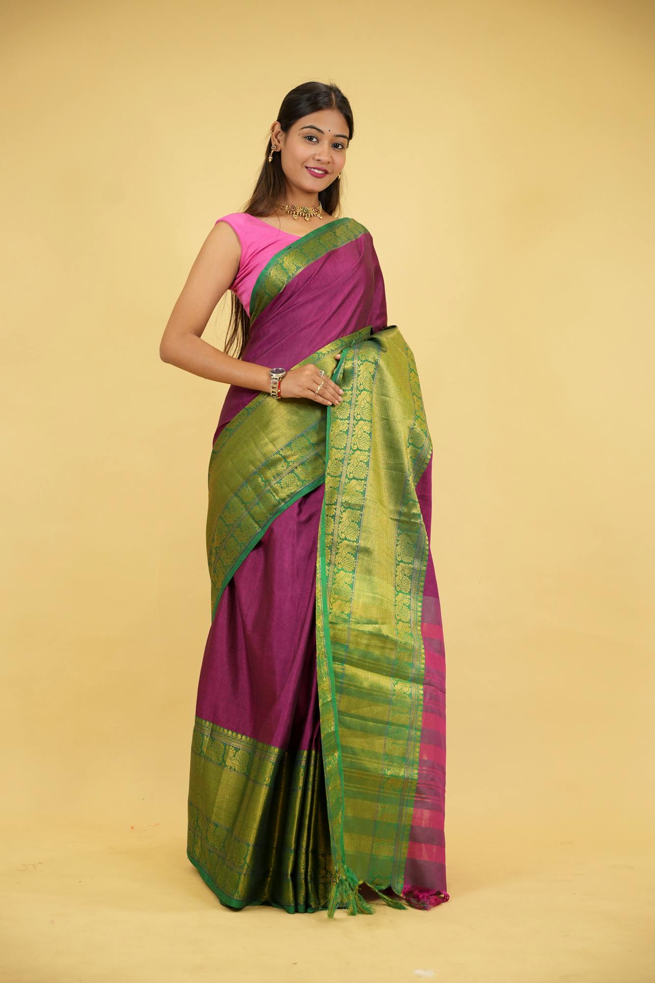 Cotton Silk With Gold woven Zari Work & Contrast pallu ready to Wear Saree
