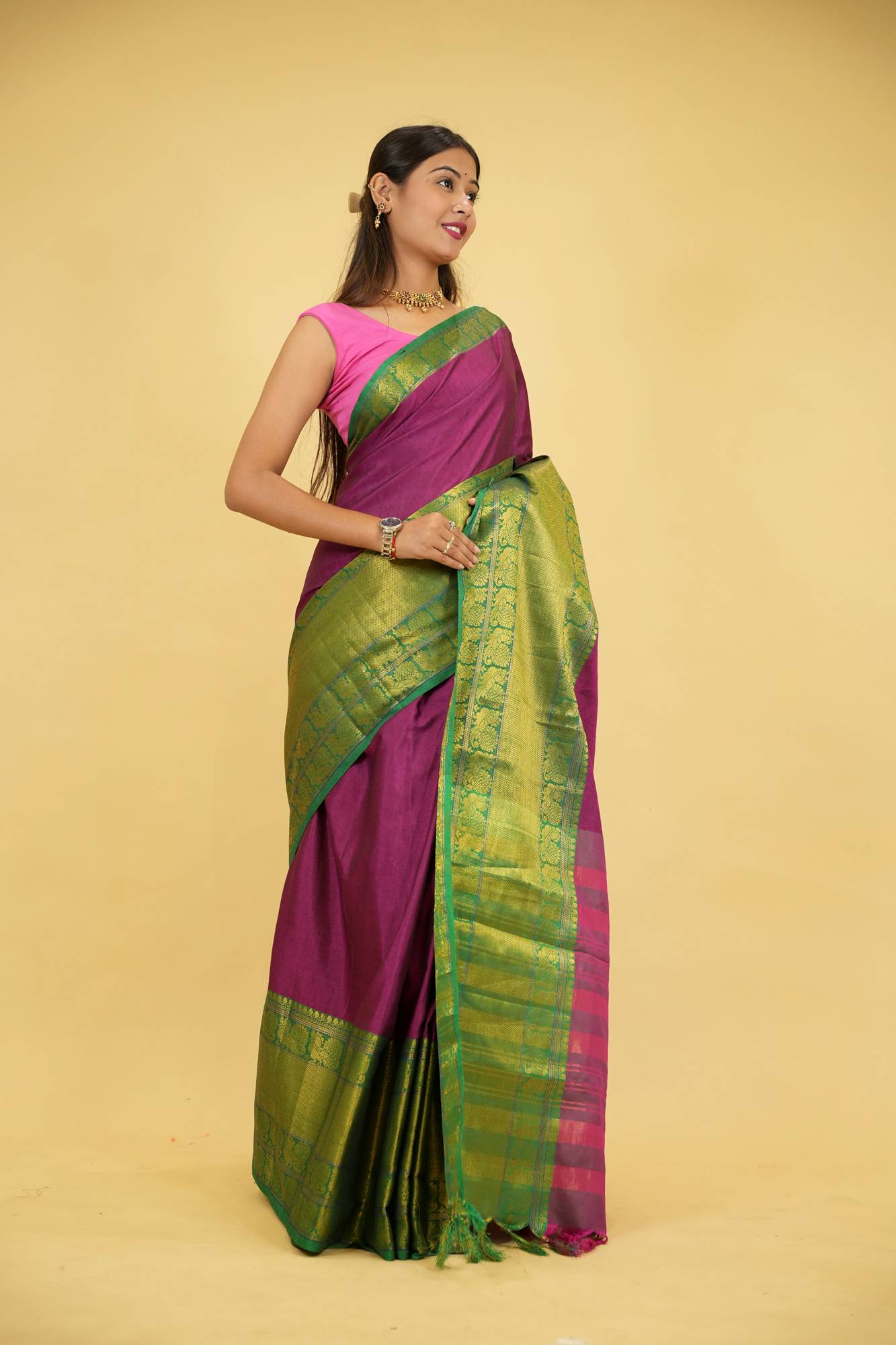 Cotton Silk With Gold woven Zari Work & Contrast pallu ready to Wear Saree