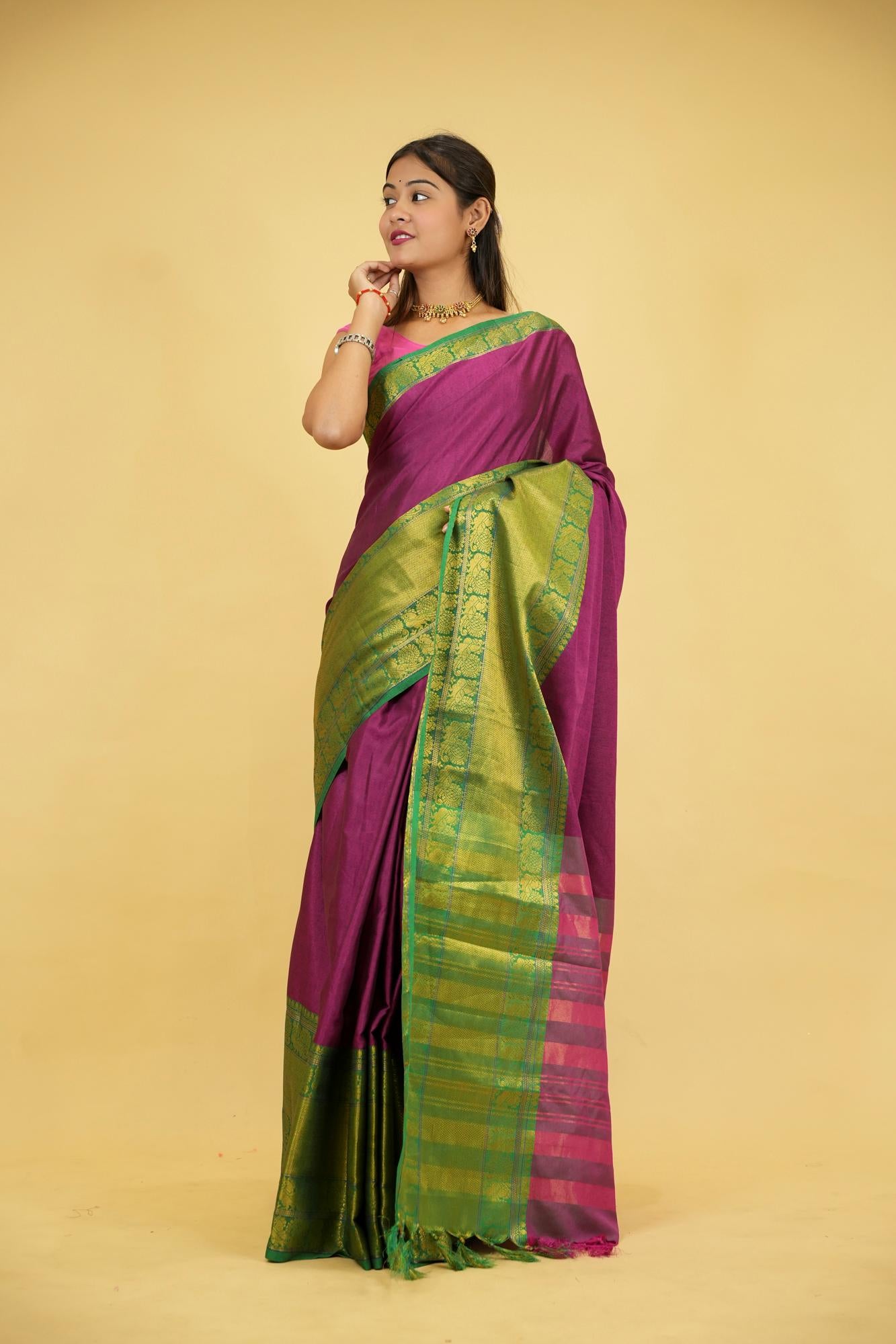 Cotton Silk With Gold woven Zari Work & Contrast pallu ready to Wear Saree