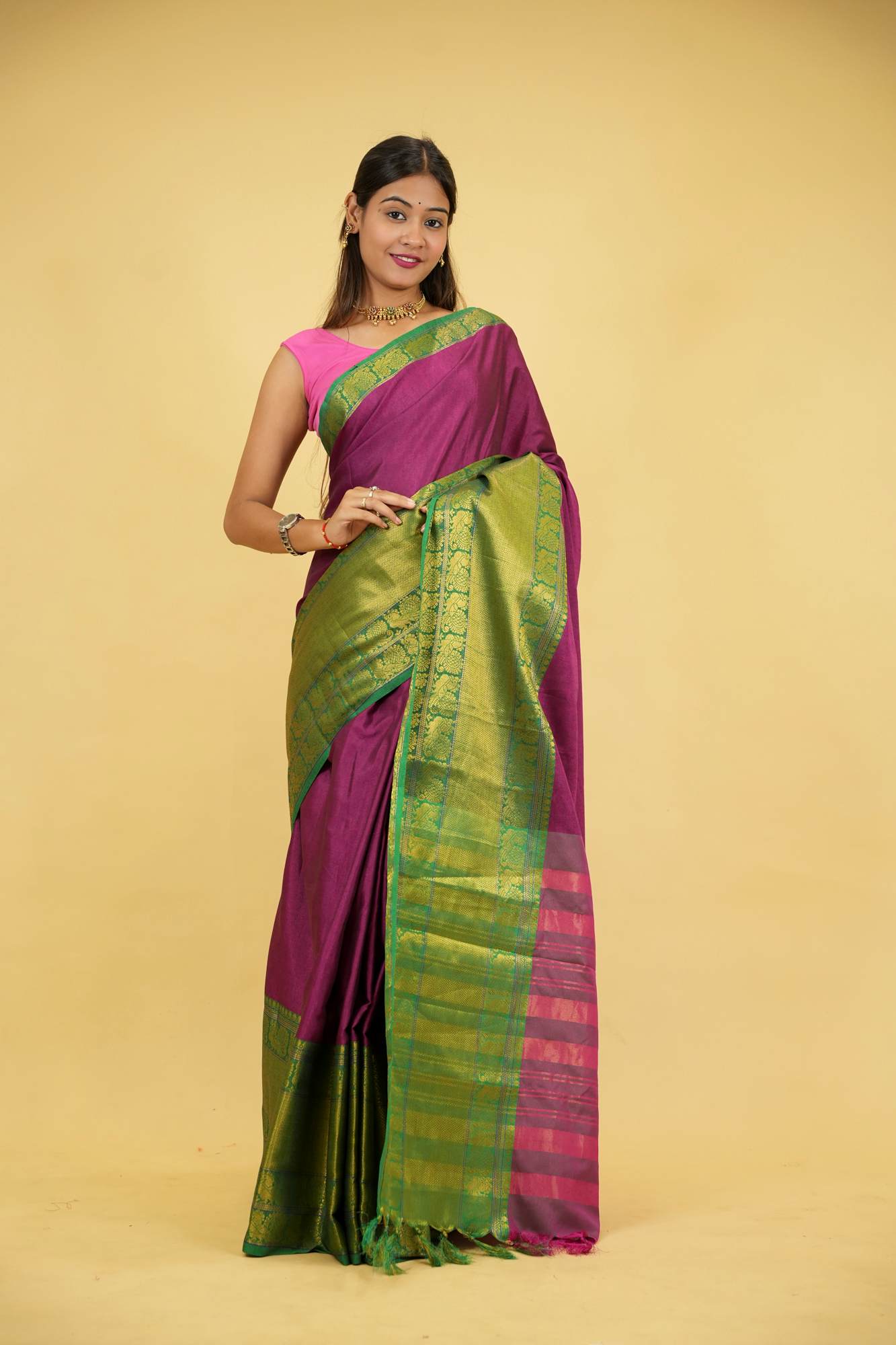 Cotton Silk With Gold woven Zari Work & Contrast pallu ready to Wear Saree