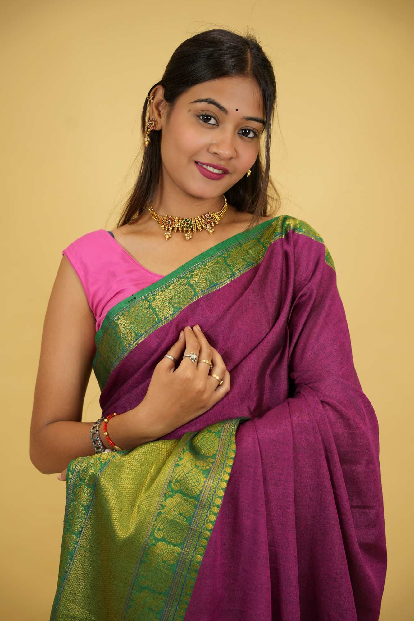 Cotton Silk With Gold woven Zari Work & Contrast pallu ready to Wear Saree