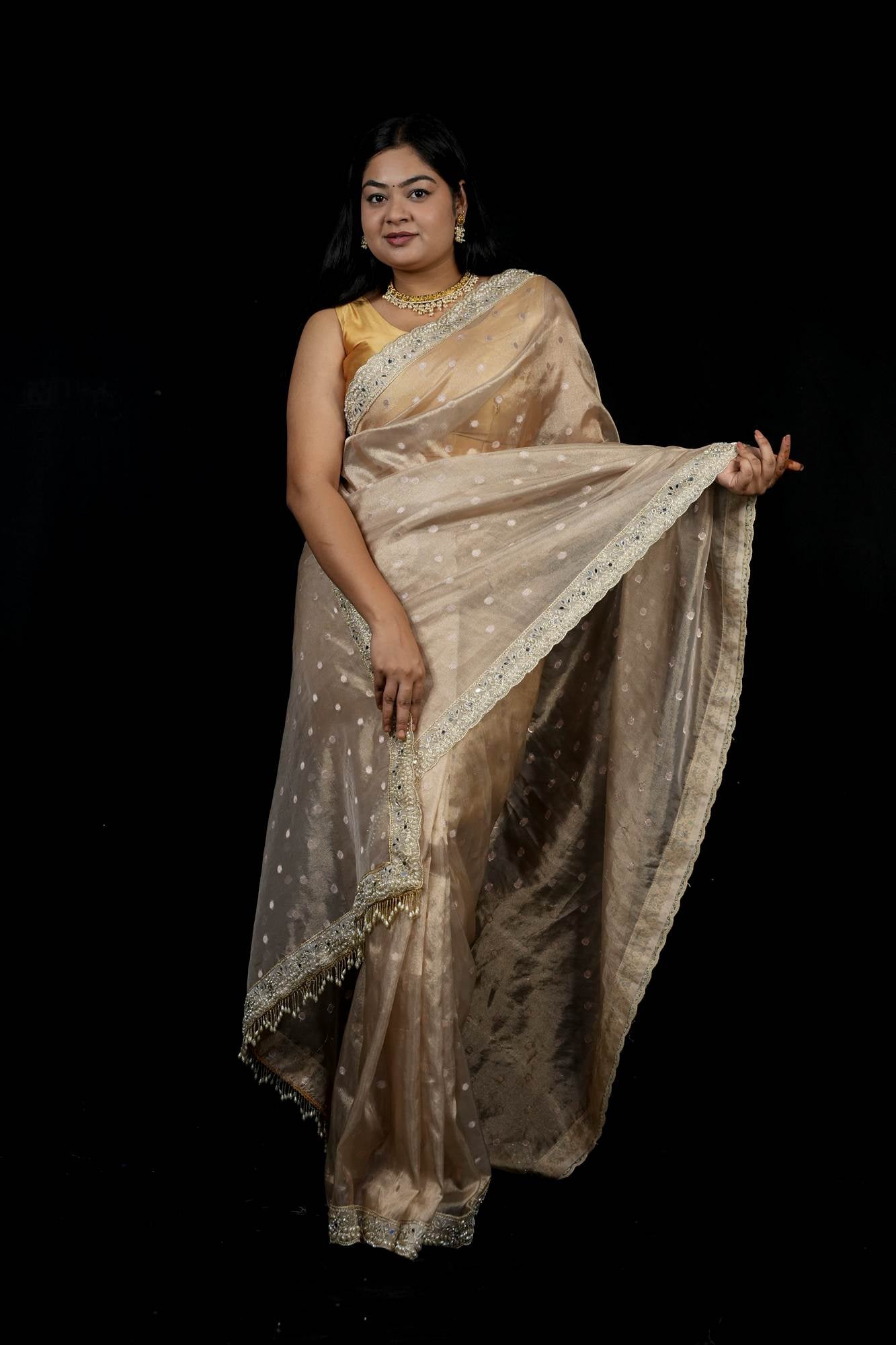 Golden Tissue Silk with Zari-Embroidered Border Ready To Wear Saree