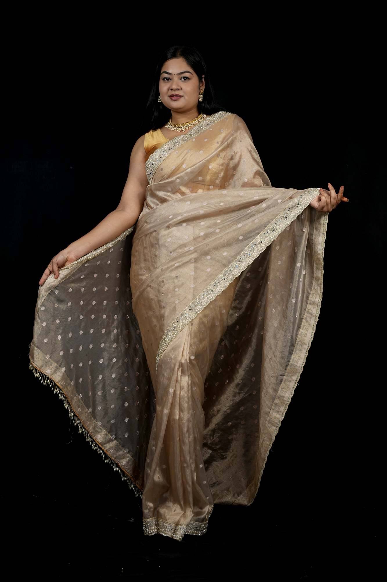 Golden Tissue Silk with Zari-Embroidered Border Ready To Wear Saree