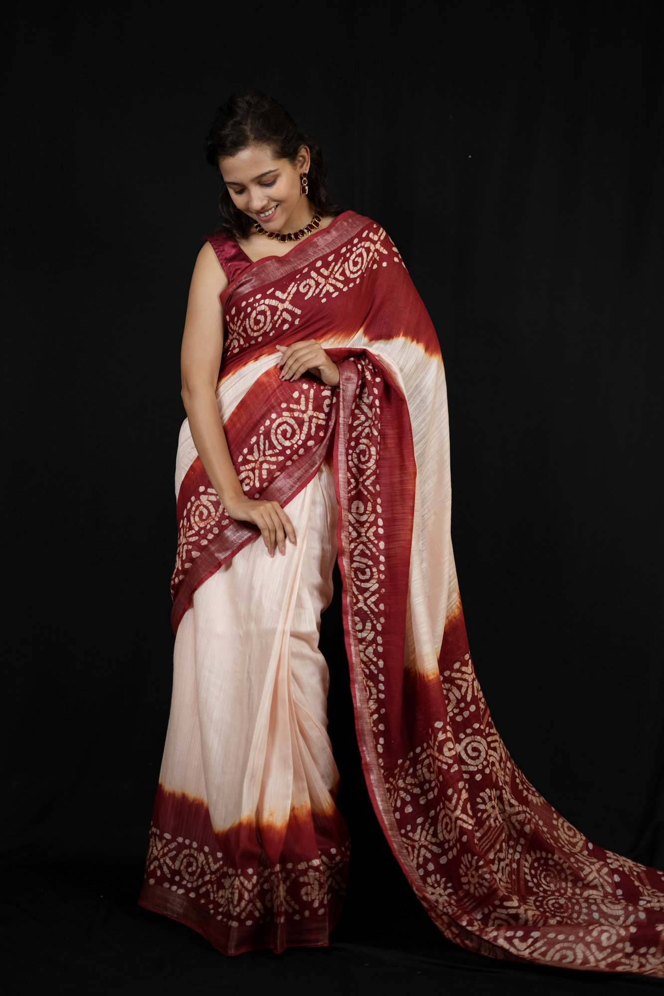 Linen Cotton with White & Red Wax Batik Printed Ready To Wear Saree