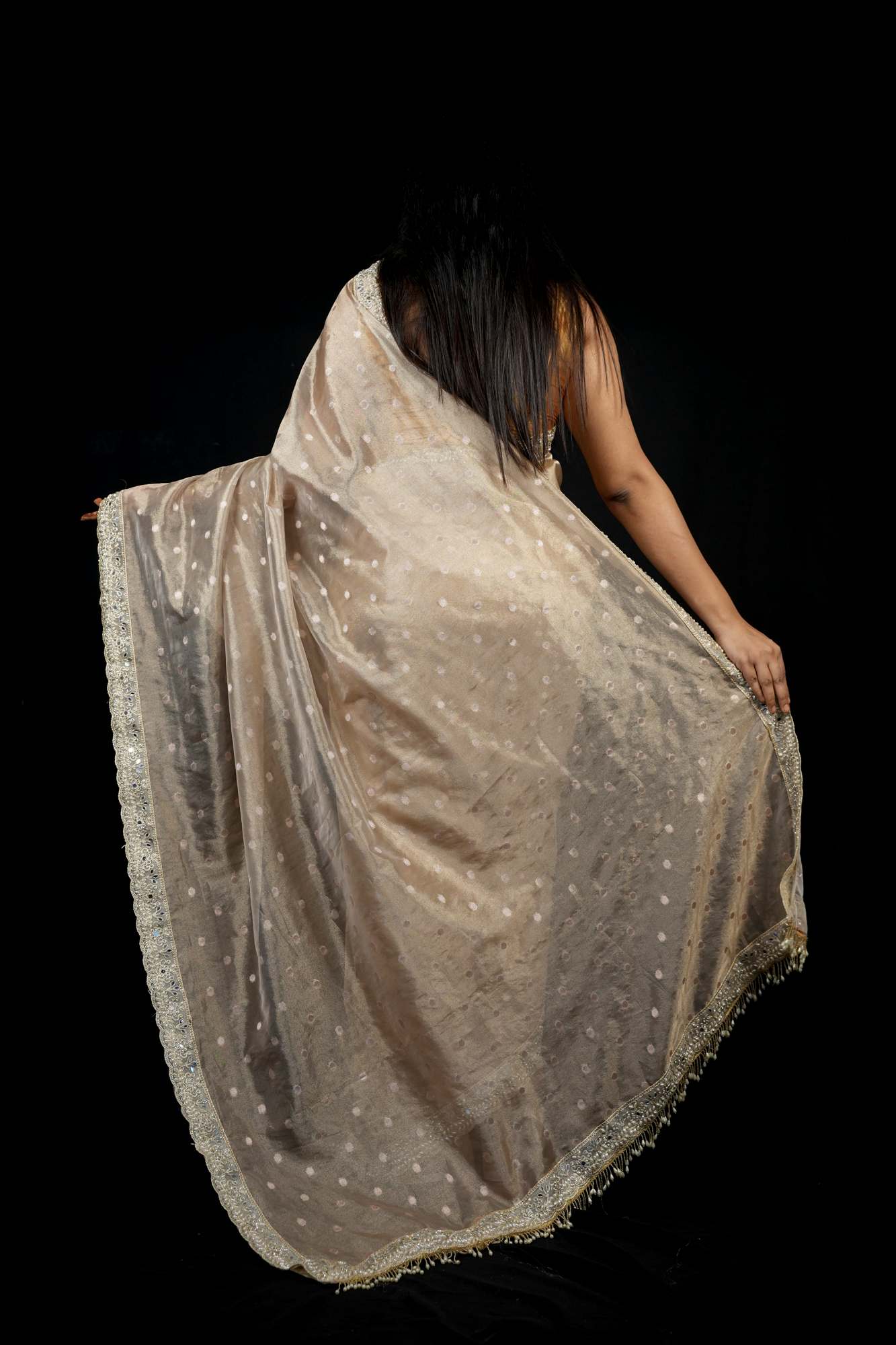 Golden Tissue Silk with Zari-Embroidered Border Ready To Wear Saree