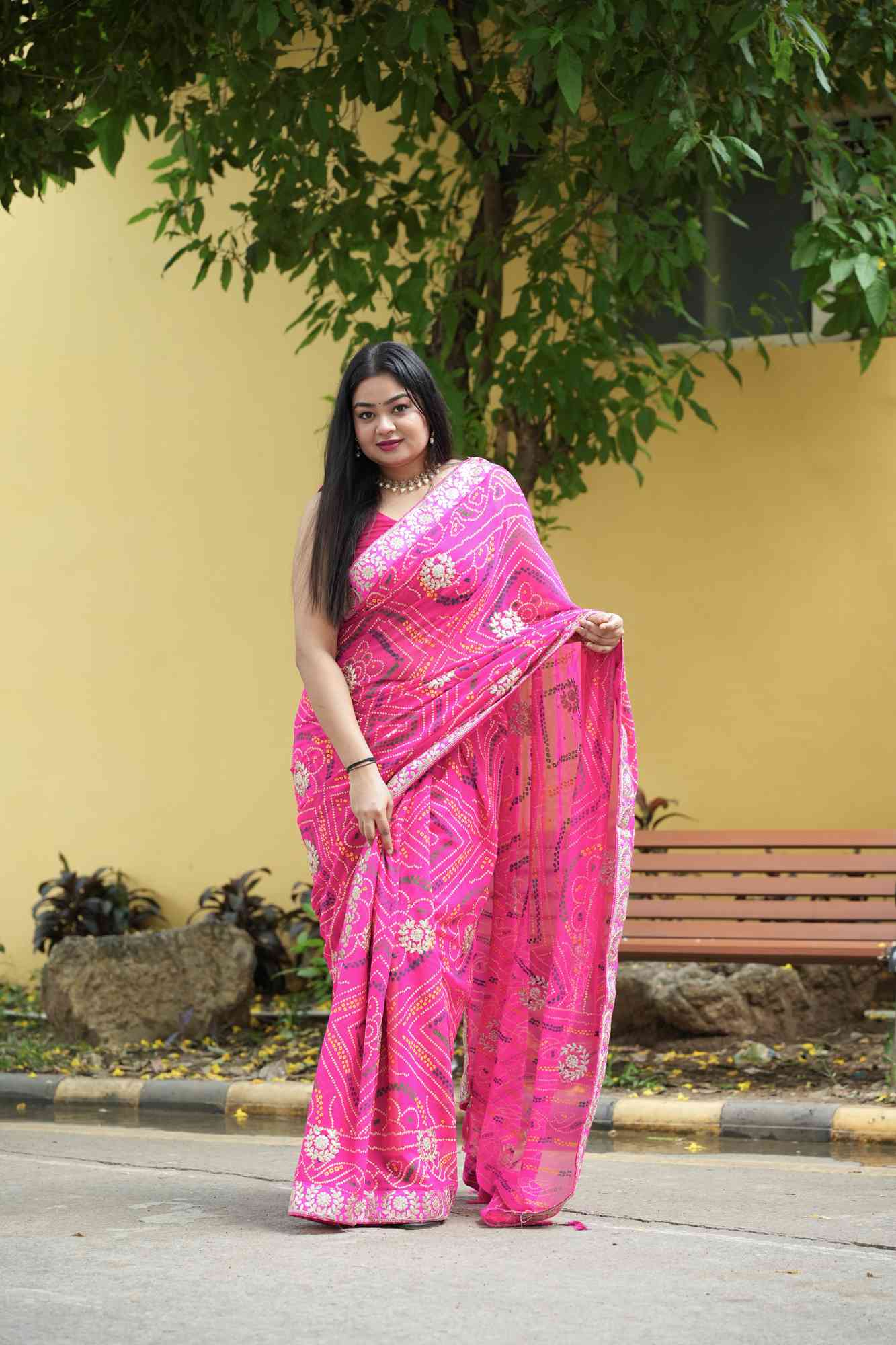 Georgette Bandhej with Gota Patti & Zari Lace Work Border Ready to Wear Saree