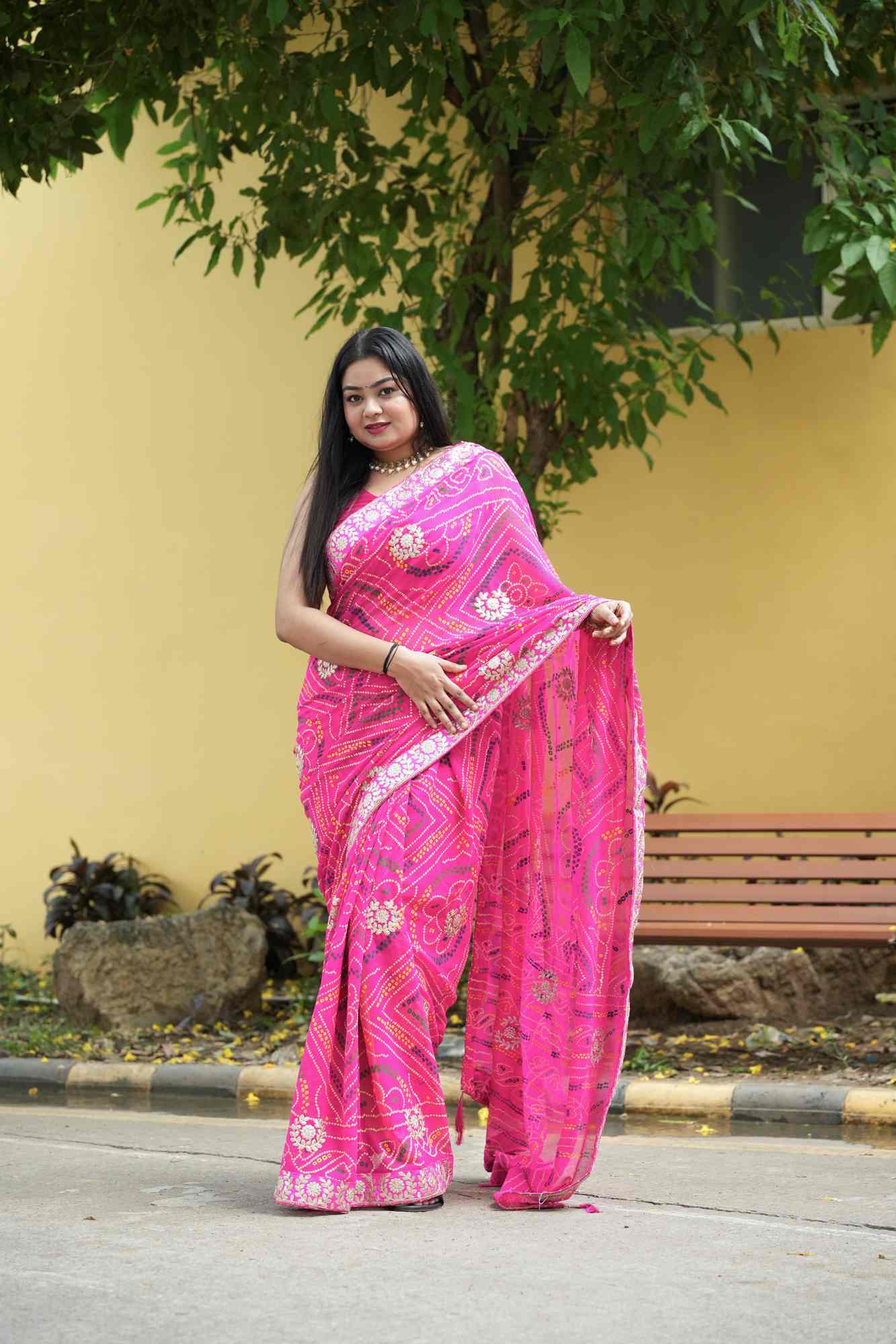 Georgette Bandhej with Gota Patti & Zari Lace Work Border Ready to Wear Saree