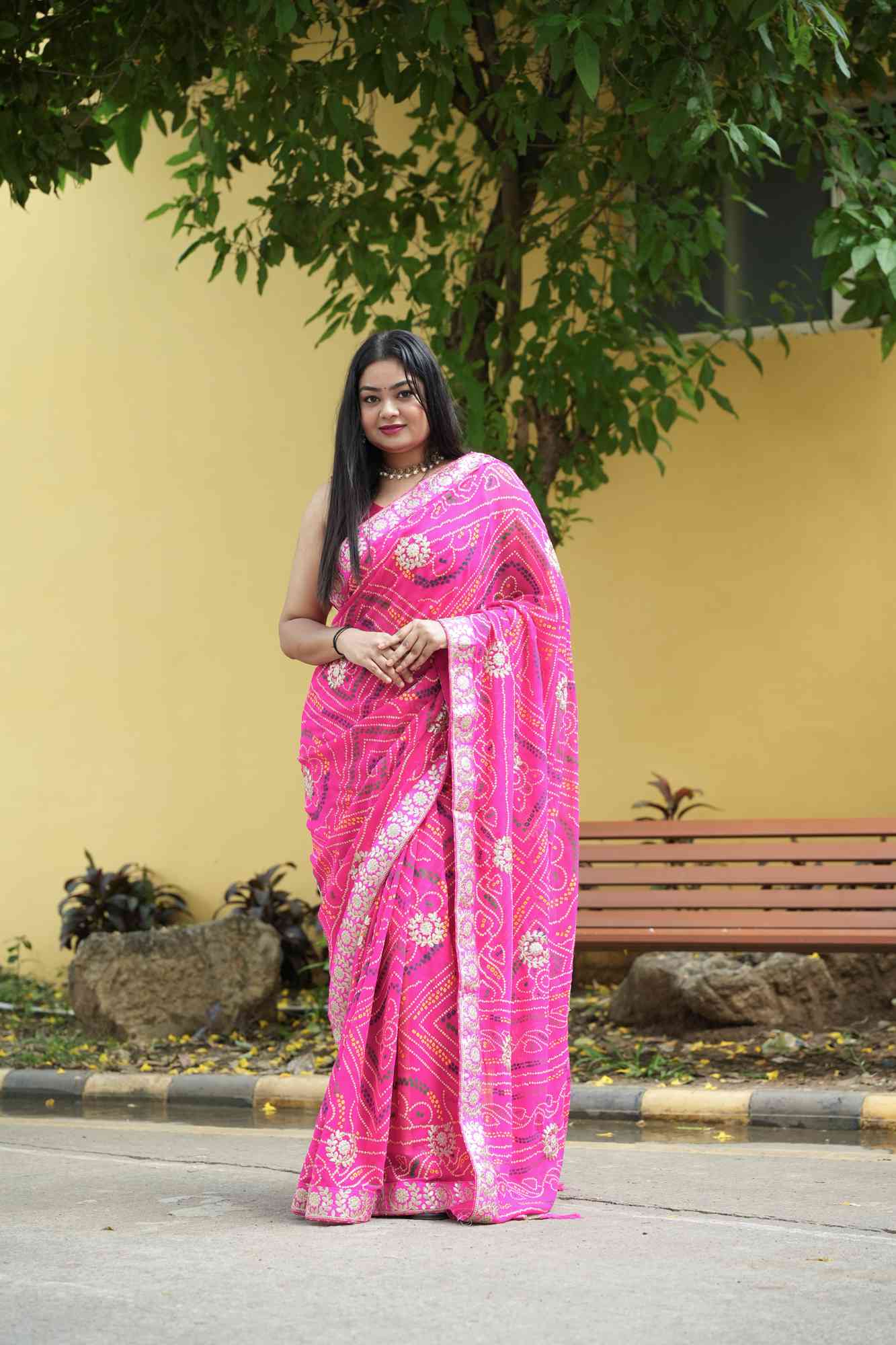 Georgette Bandhej with Gota Patti & Zari Lace Work Border Ready to Wear Saree