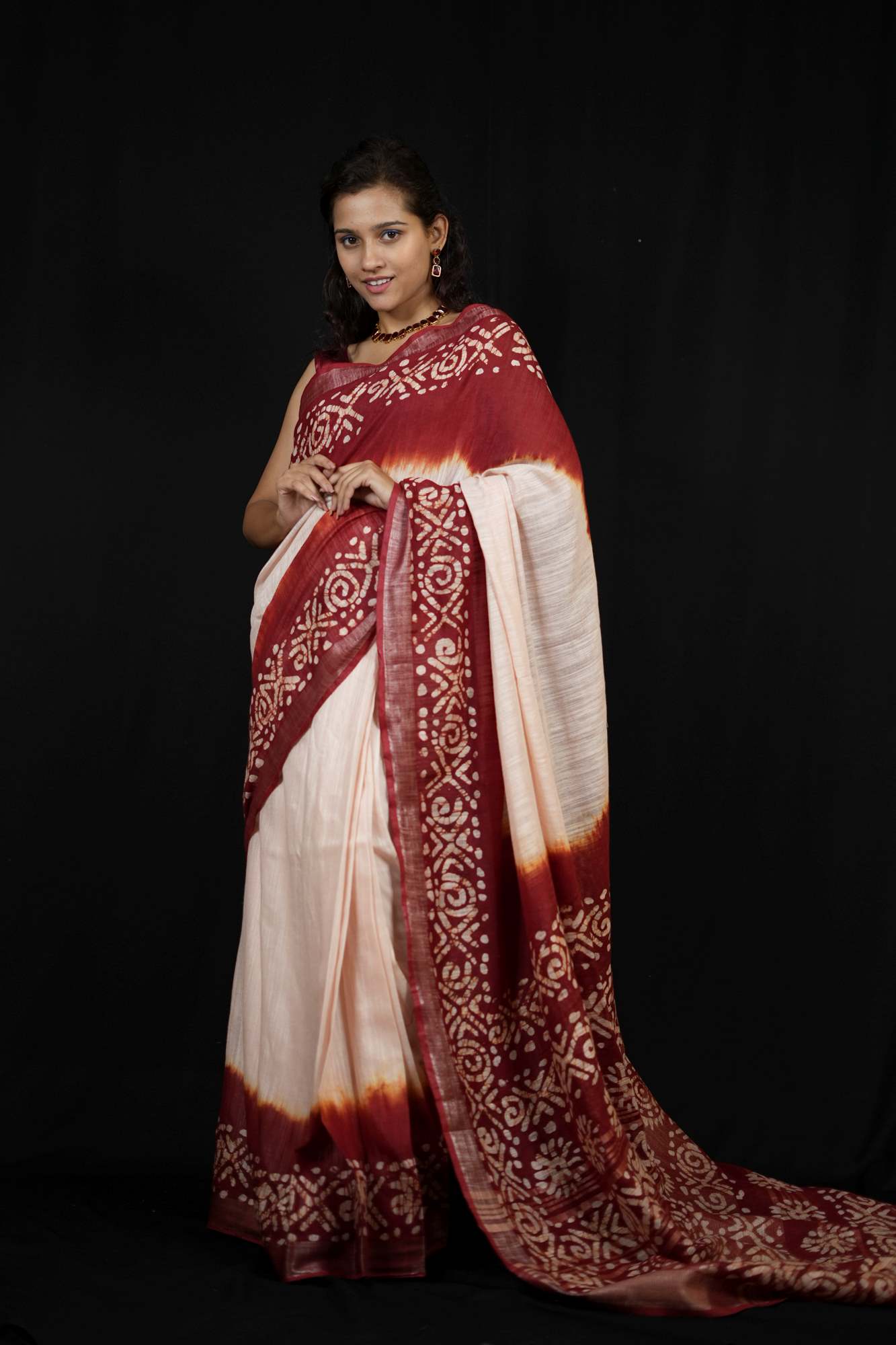 Linen Cotton with White & Red Wax Batik Printed Ready To Wear Saree
