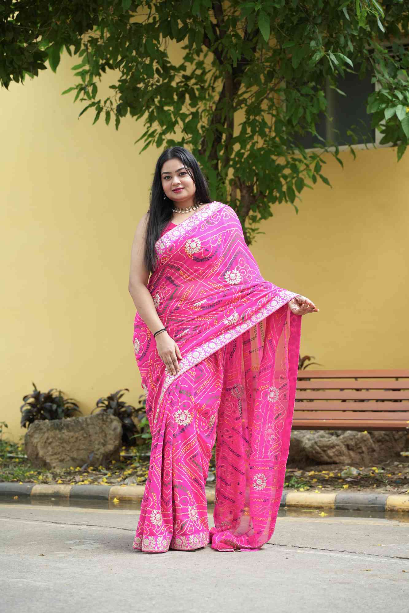 Georgette Bandhej with Gota Patti & Zari Lace Work Border Ready to Wear Saree