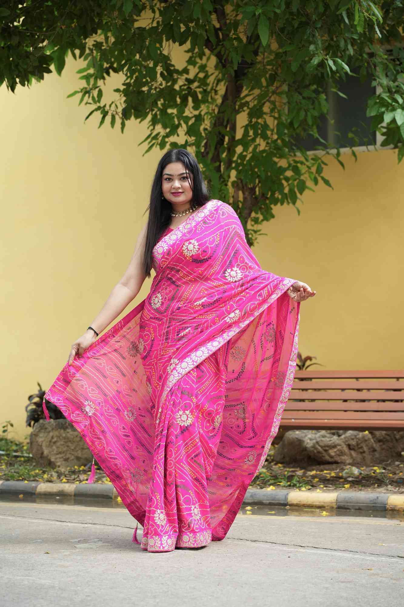 Georgette Bandhej with Gota Patti & Zari Lace Work Border Ready to Wear Saree