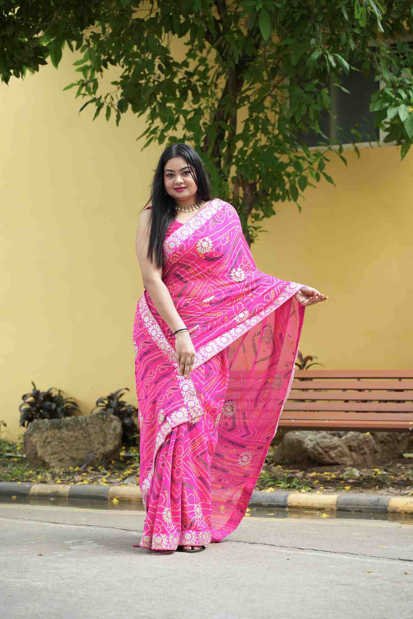 Georgette Bandhej with Gota Patti & Zari Lace Work Border Ready to Wear Saree