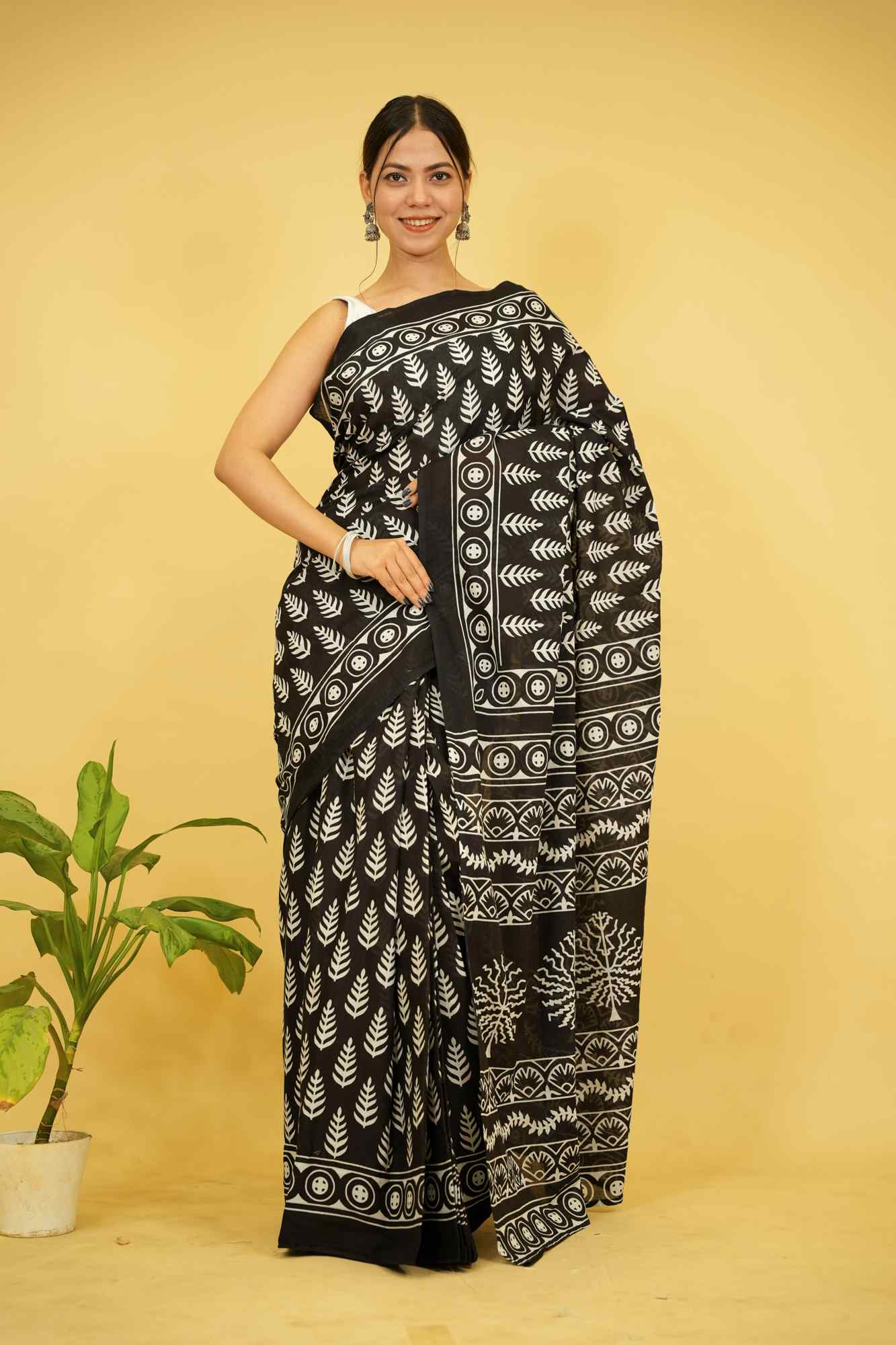 Ready To wear Pure Mul Mul Cotton Black saree with Vegetable dye Hand Block print