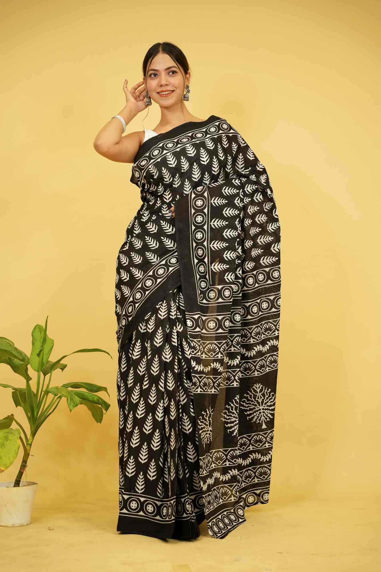 Ready To wear Pure Mul Mul Cotton Black saree with Vegetable dye Hand Block print