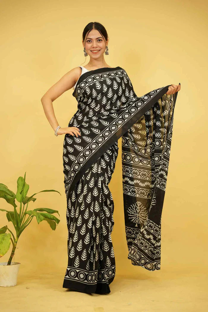 Ready To wear Black Pure Mul Mul Cotton Black saree with Vegetable dye Hand Block print