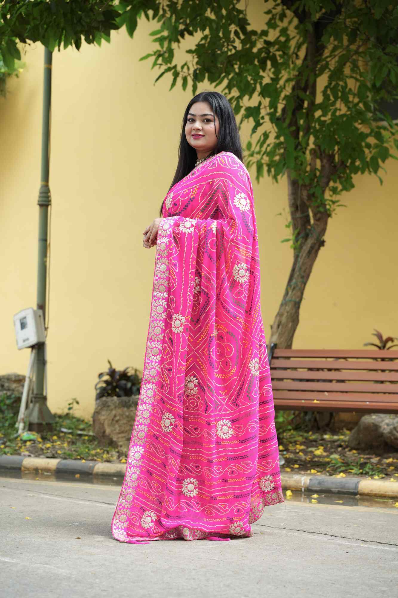 Georgette Bandhej with Gota Patti & Zari Lace Work Border Ready to Wear Saree