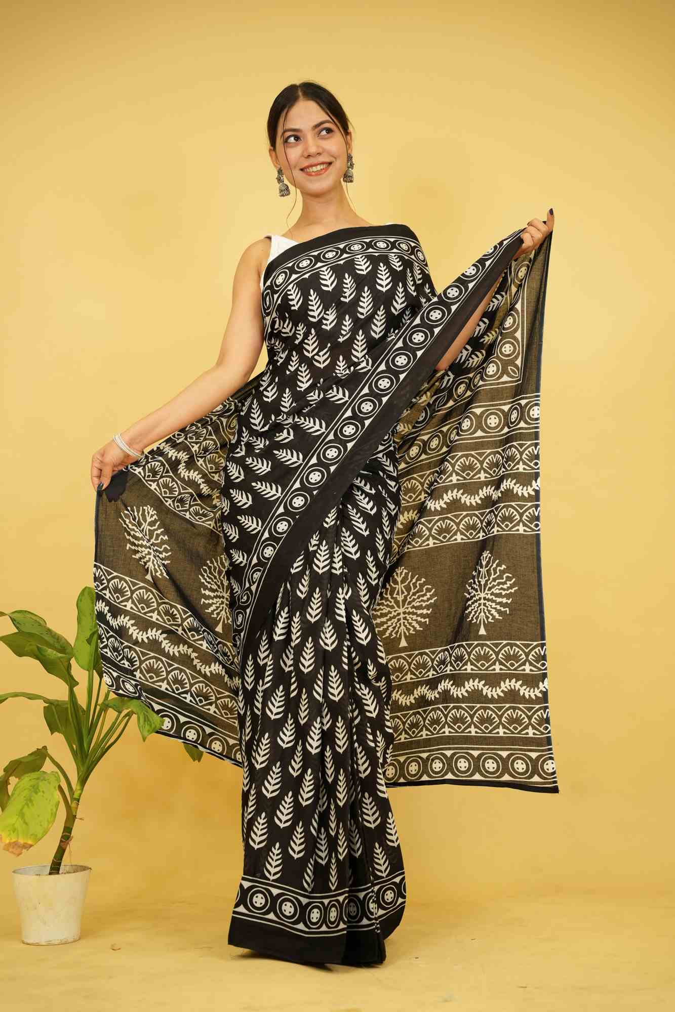 Ready To wear Pure Mul Mul Cotton Black saree with Vegetable dye Hand Block print