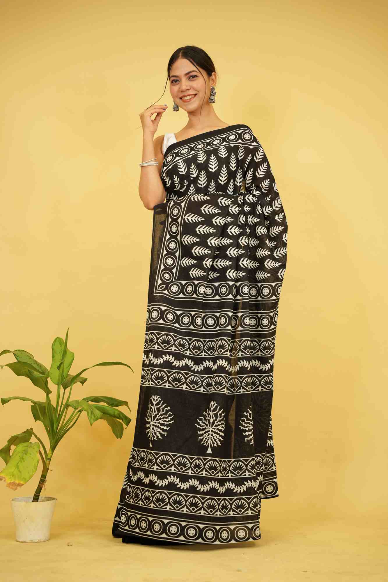 Ready To wear Pure Mul Mul Cotton Black saree with Vegetable dye Hand Block print