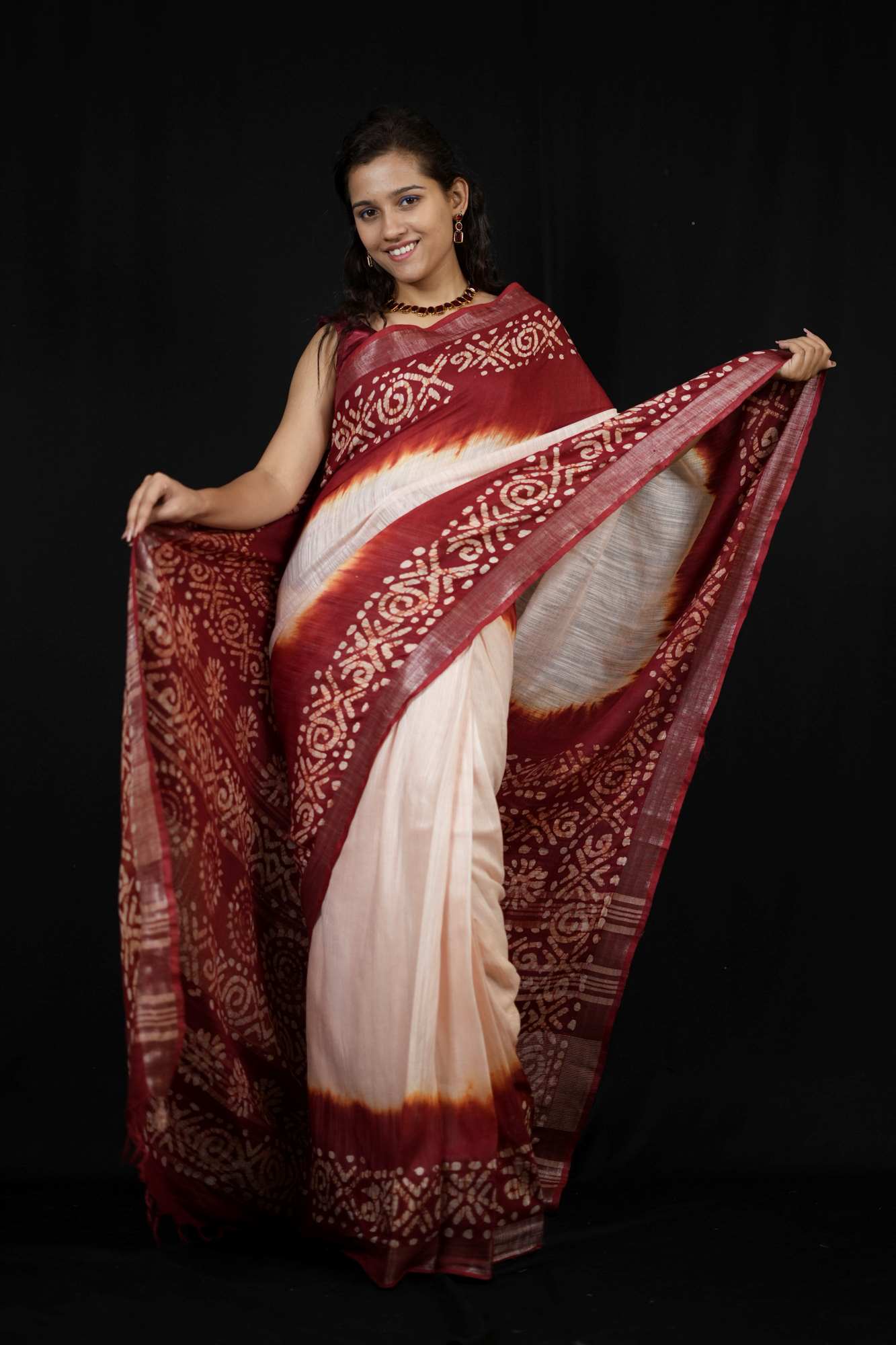 Linen Cotton with White & Red Wax Batik Printed Ready To Wear Saree