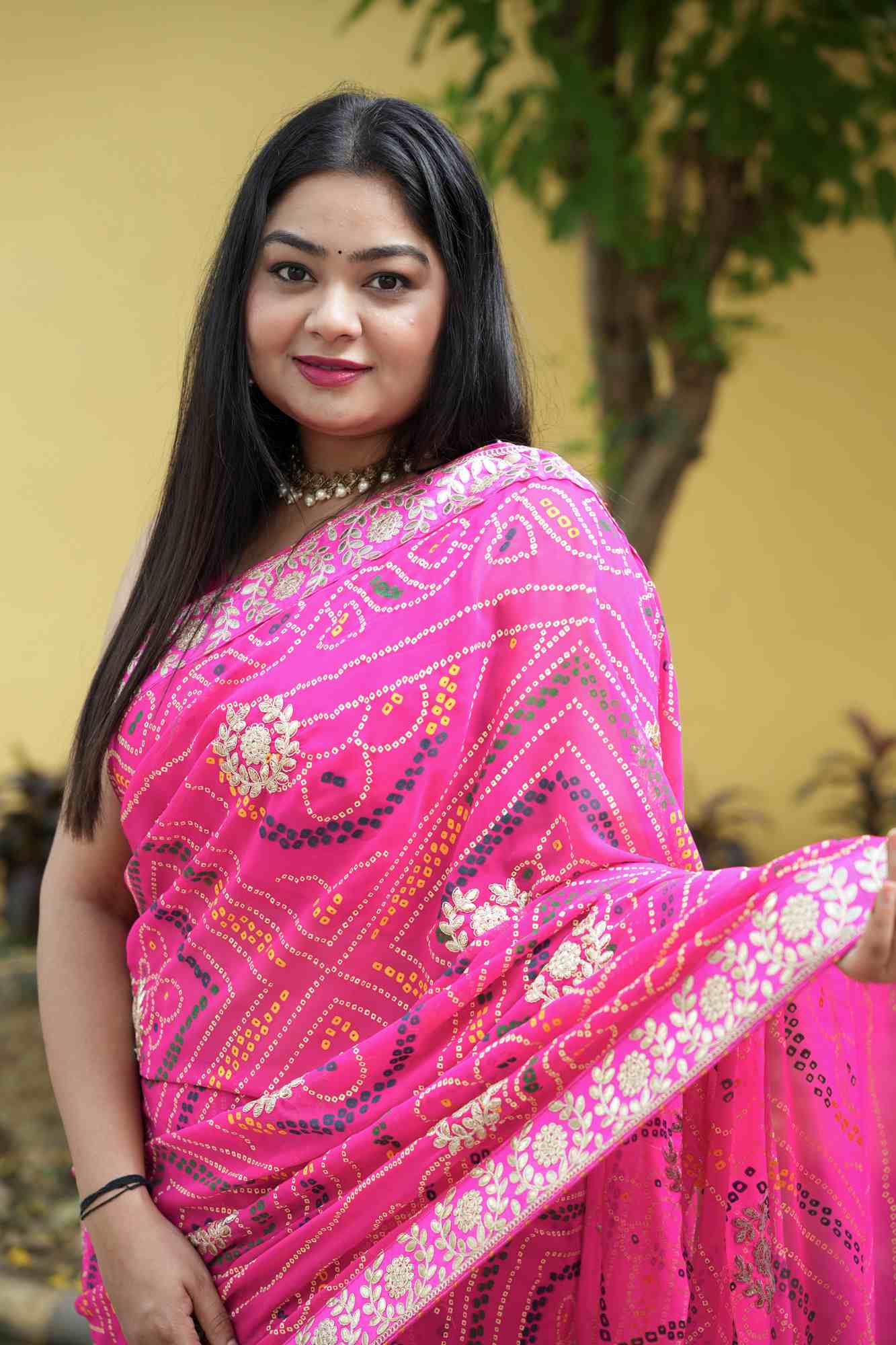 Georgette Bandhej with Gota Patti & Zari Lace Work Border Ready to Wear Saree