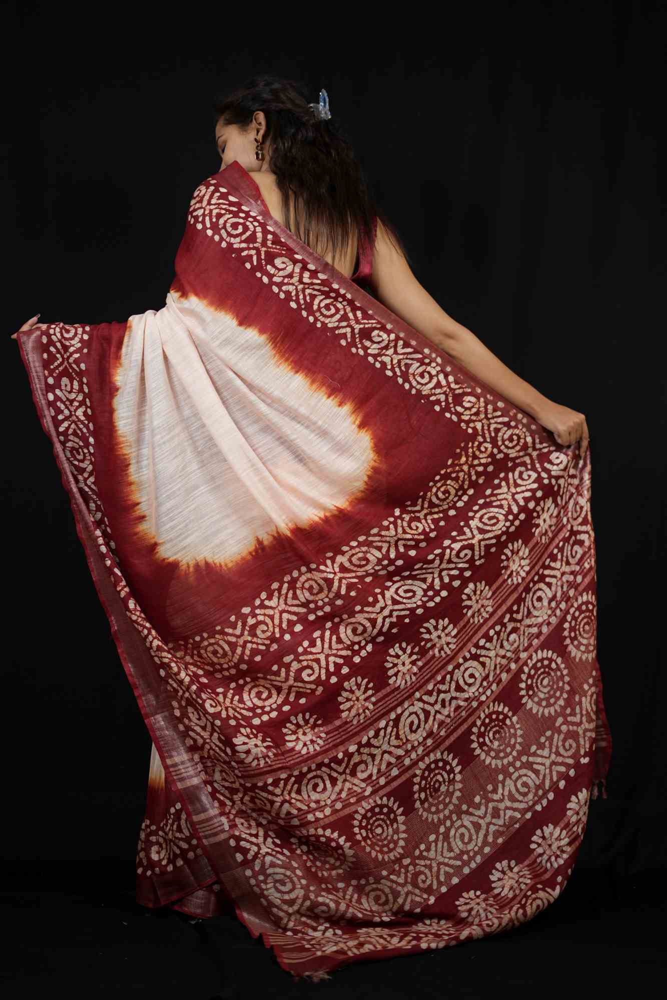 Linen Cotton with White & Red Wax Batik Printed Ready To Wear Saree