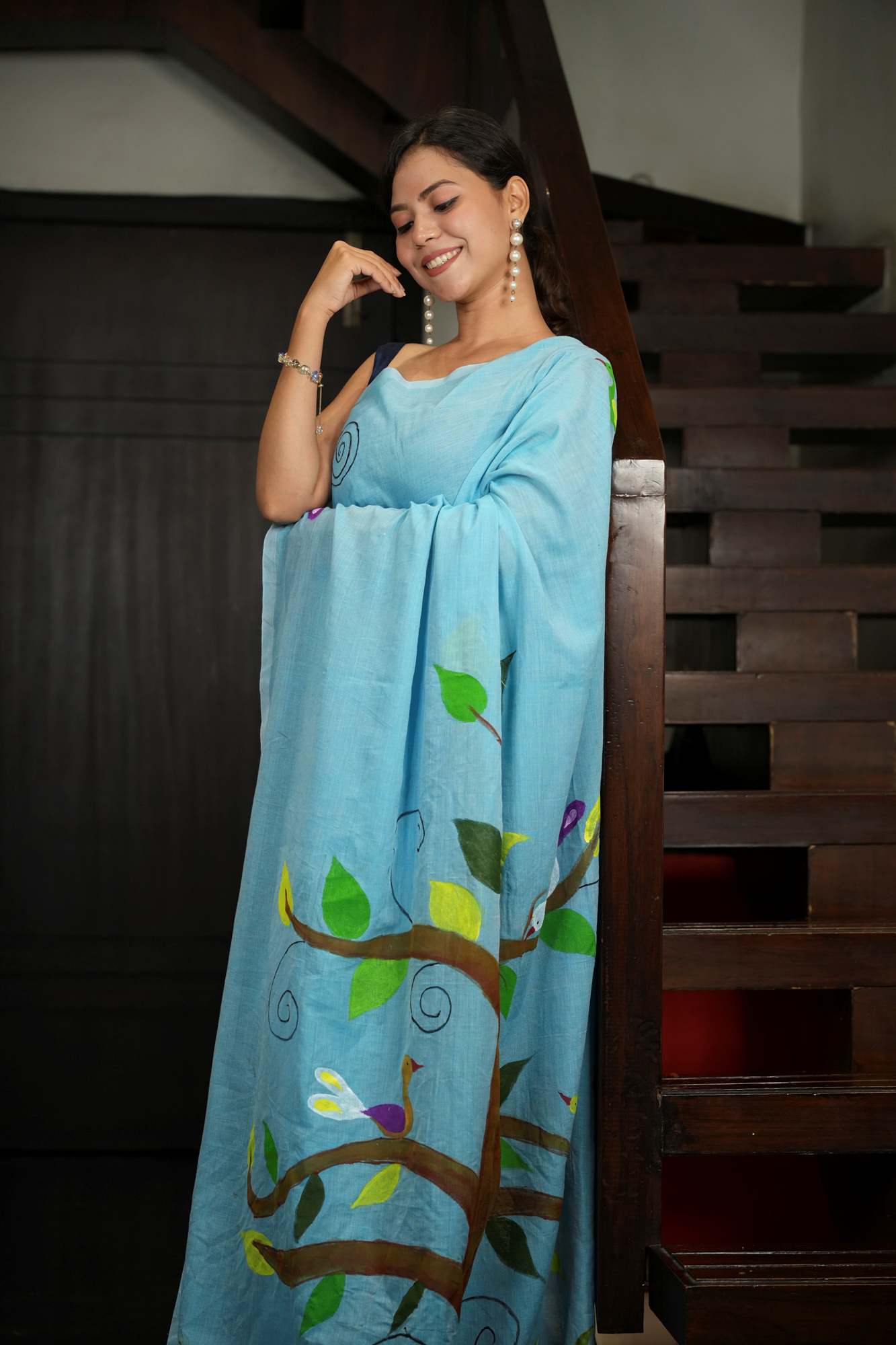 Light Blue Mulmul Cotton with Hand-Painted Tree & Birds Motif Ready To Wear Saree