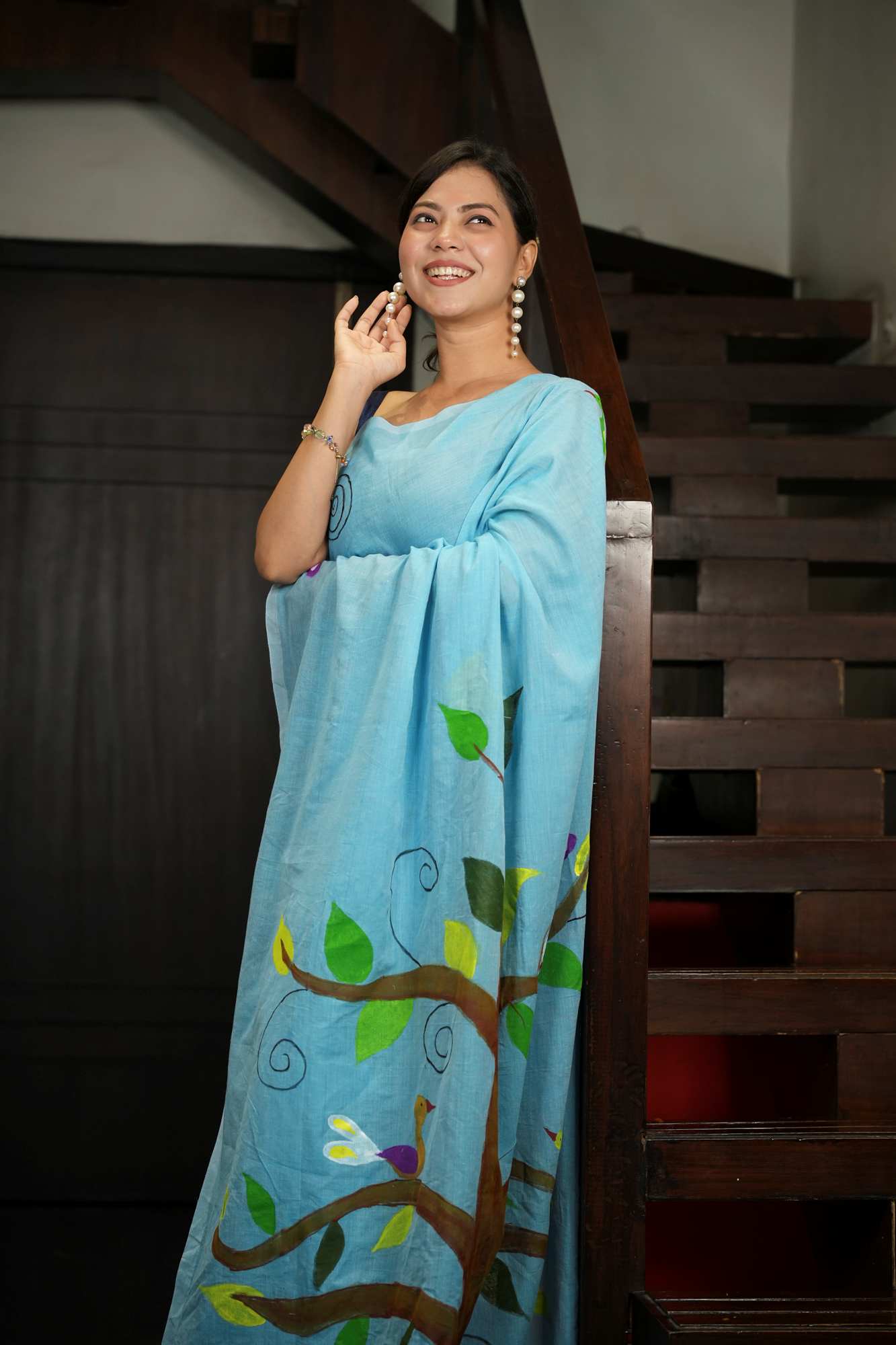 Light Blue Mulmul Cotton with Hand-Painted Tree & Birds Motif Ready To Wear Saree