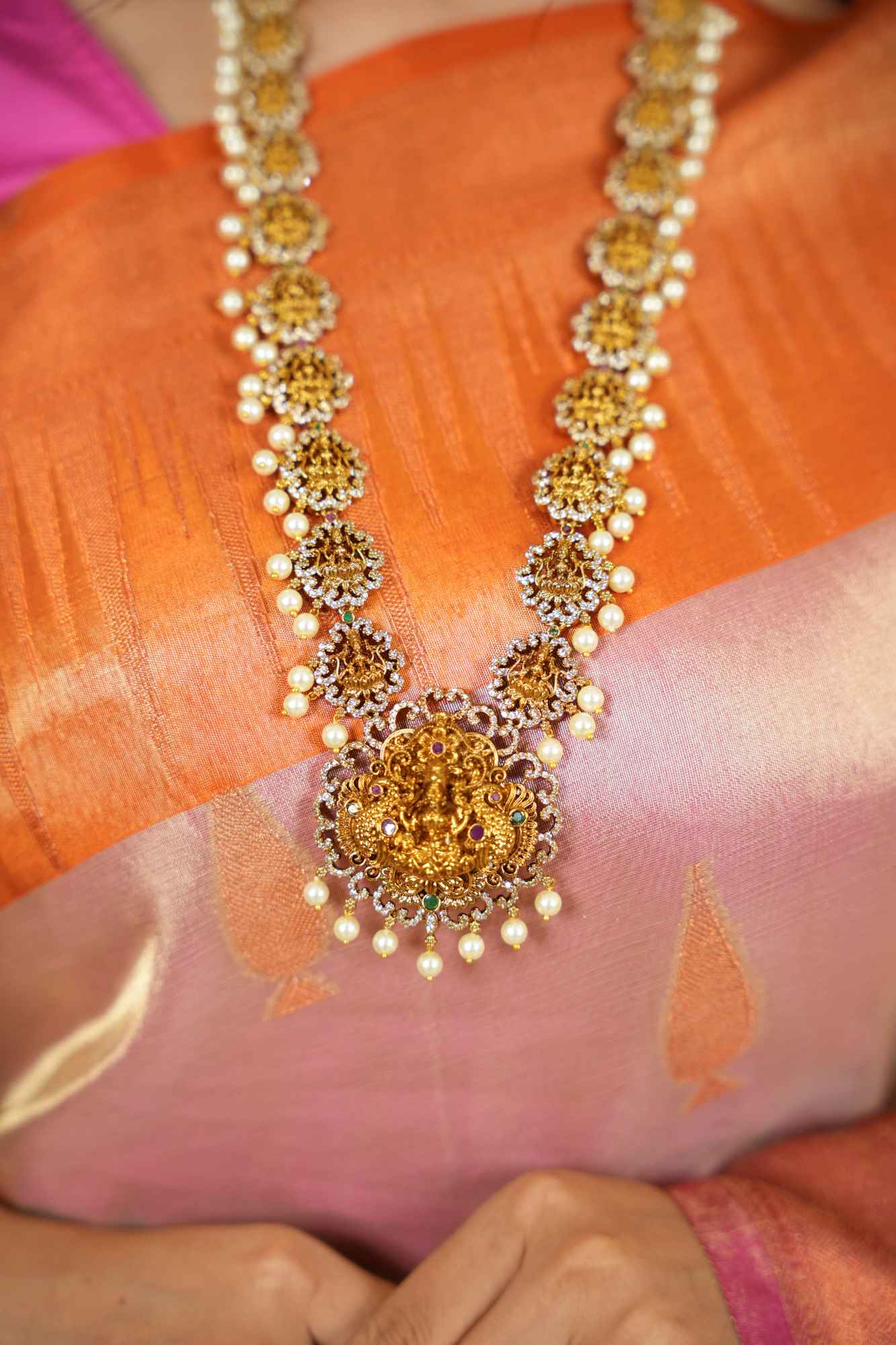 Regal Goddess Temple Jewelry Set with Intricate Gold Detailing and Pearl Accents