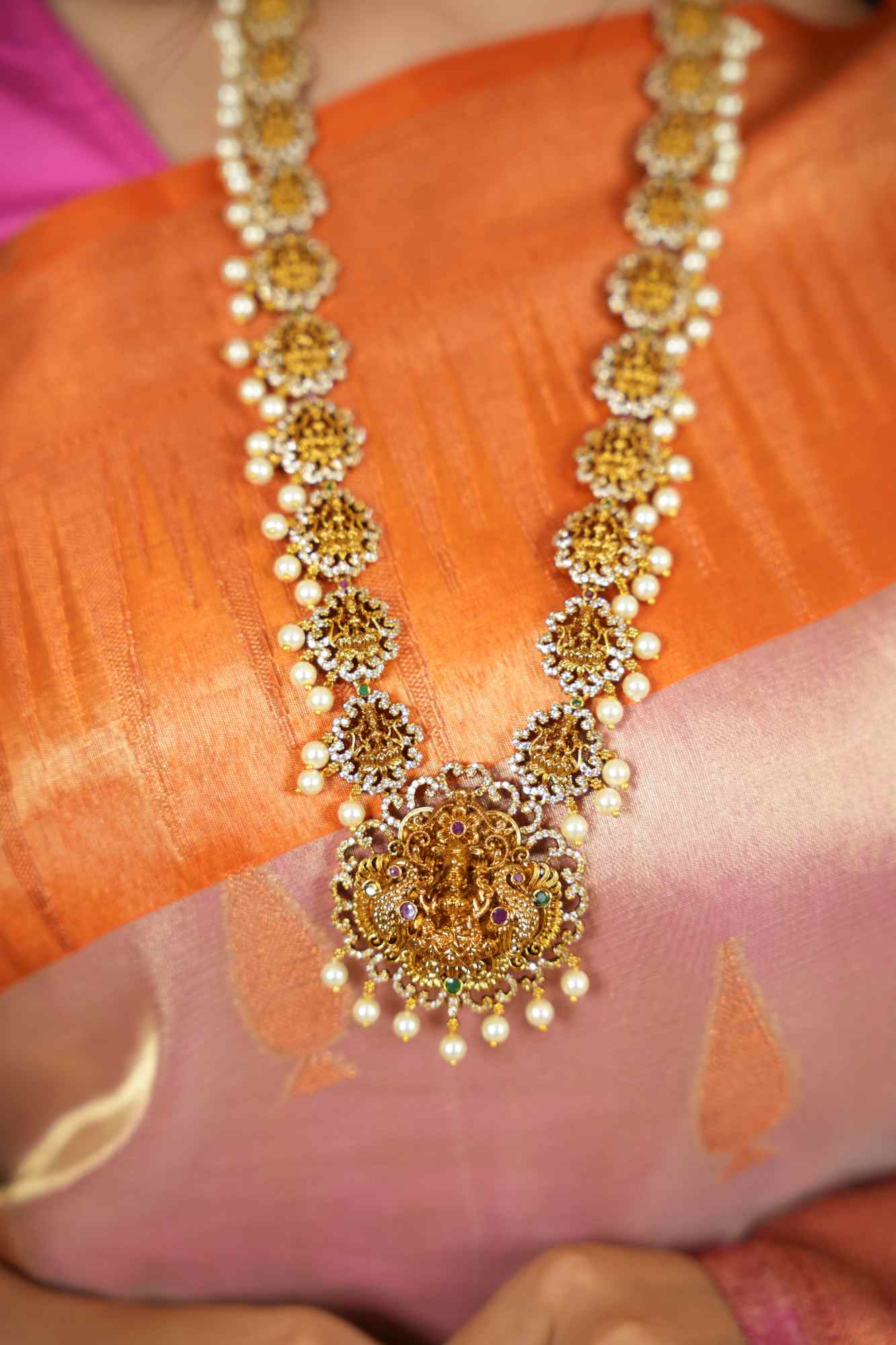 Regal Goddess Temple Jewelry Set with Intricate Gold Detailing and Pearl Accents