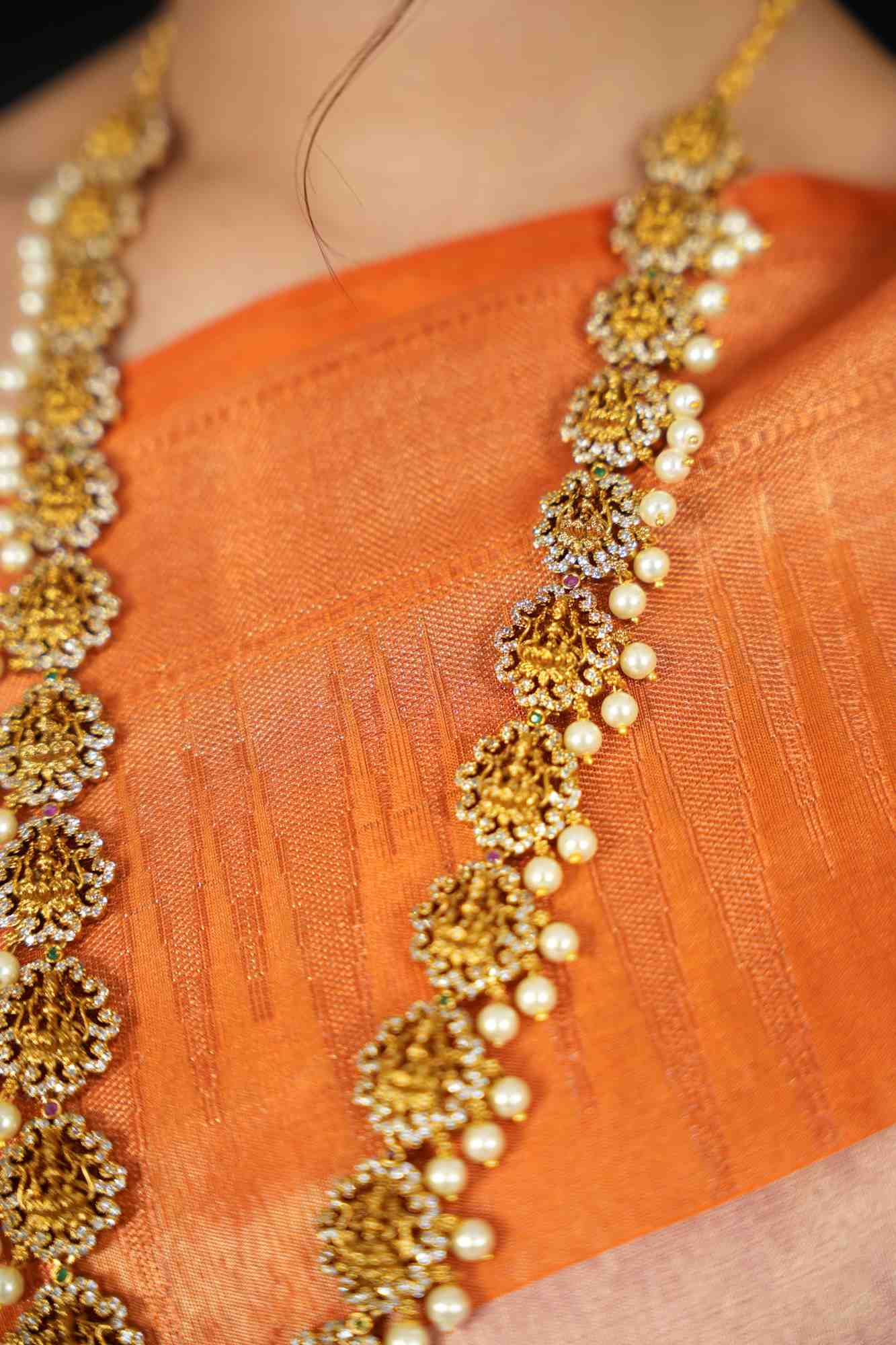 Regal Goddess Temple Jewelry Set with Intricate Gold Detailing and Pearl Accents