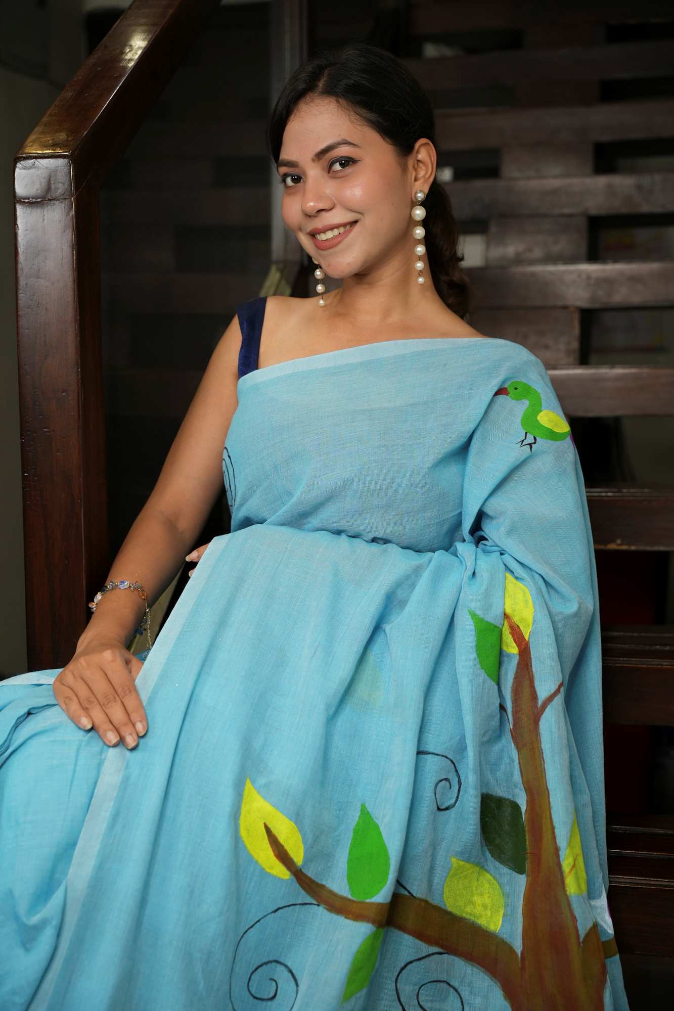 Light Blue Mulmul Cotton with Hand-Painted Tree & Birds Motif Ready To Wear Saree