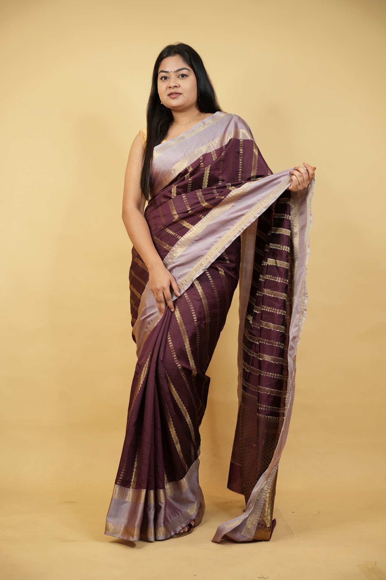 Banarasi Taffeta Silk with Zari Strip Weave & Contrast Border Wrap in 1 minute saree