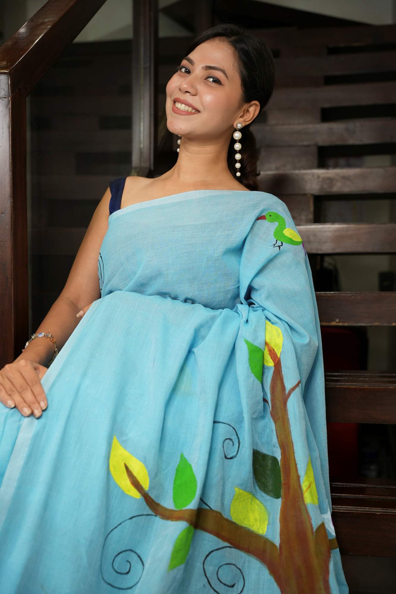 Light Blue Mulmul Cotton with Hand-Painted Tree & Birds Motif Ready To Wear Saree