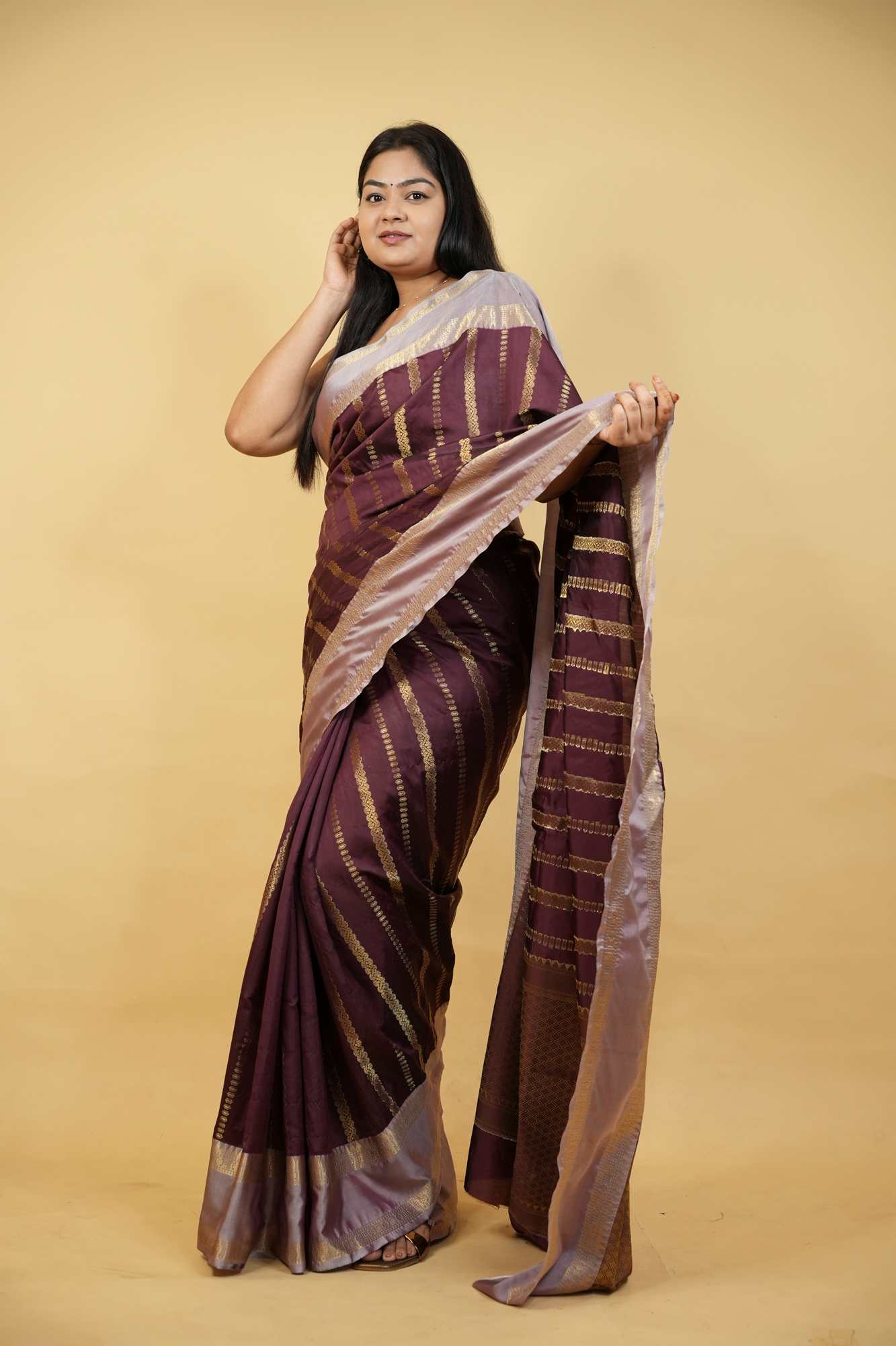Banarasi Taffeta Silk with Zari Strip Weave & Contrast Border Wrap in 1 minute saree