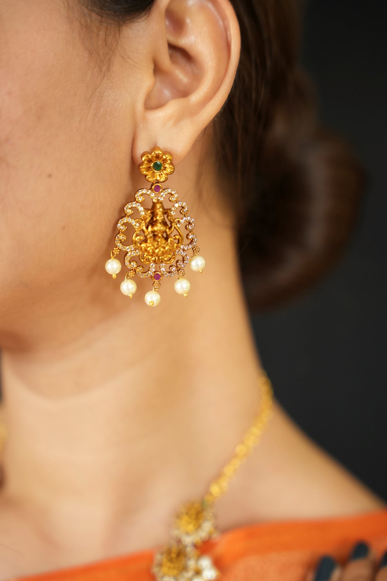 Regal Goddess Temple Jewelry Set with Intricate Gold Detailing and Pearl Accents