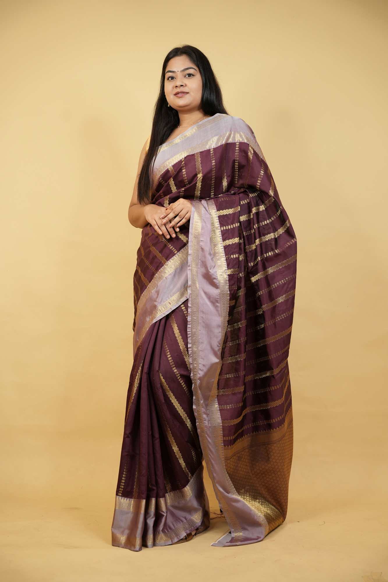 Banarasi Taffeta Silk with Zari Strip Weave & Contrast Border Wrap in 1 minute saree