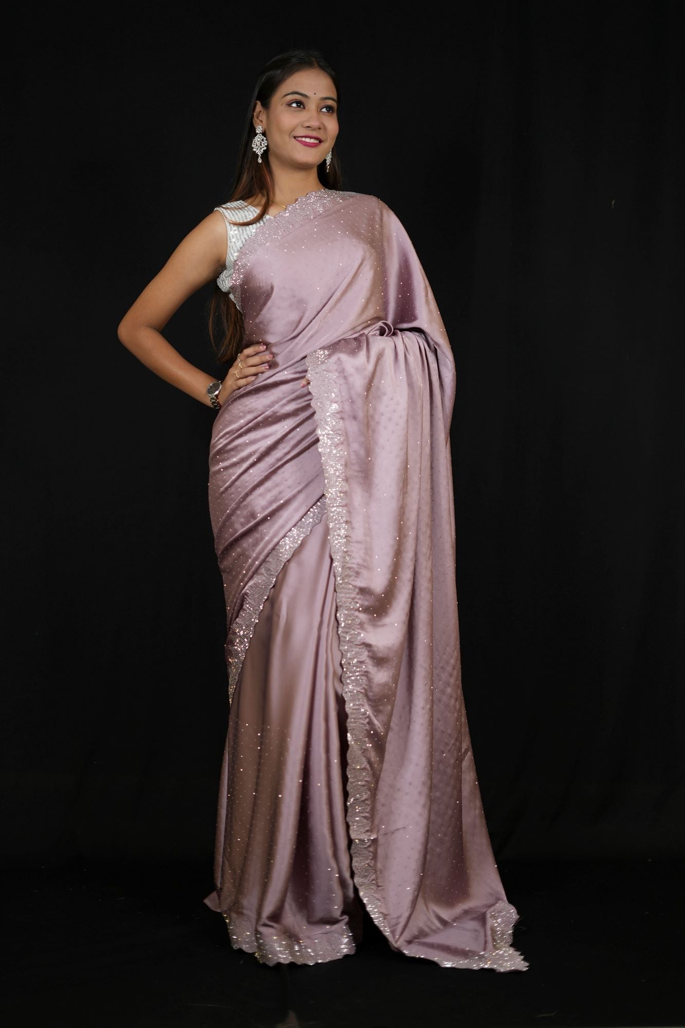 Light Purple Premium Satin Silk with Silver Scalloped & Sequinned Border Ready To Wear Saree