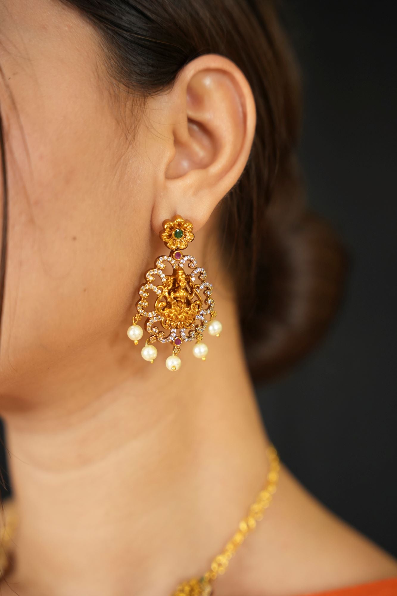 Regal Goddess Temple Jewelry Set with Intricate Gold Detailing and Pearl Accents