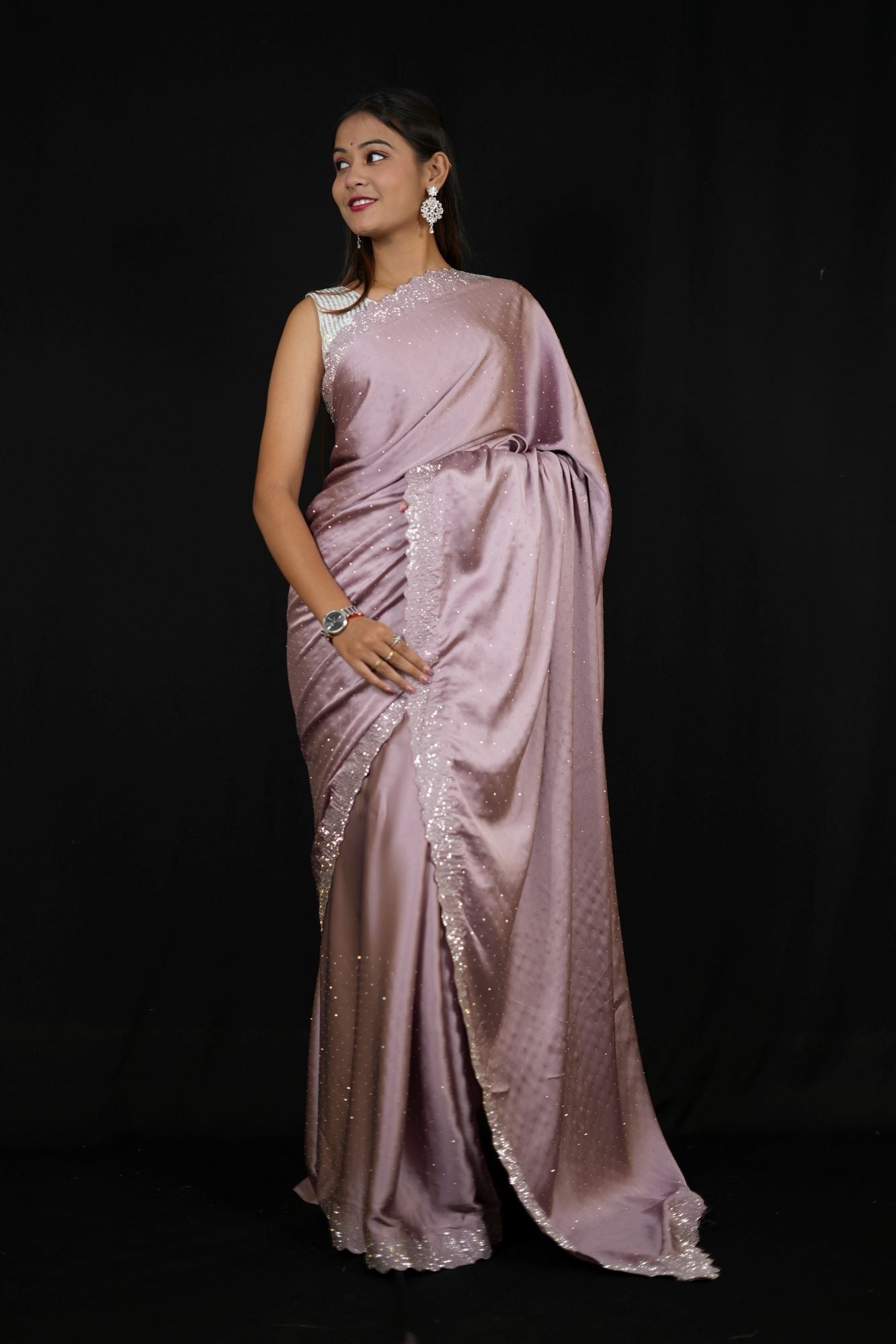 Light Purple Premium Satin Silk with Silver Scalloped & Sequinned Border Ready To Wear Saree