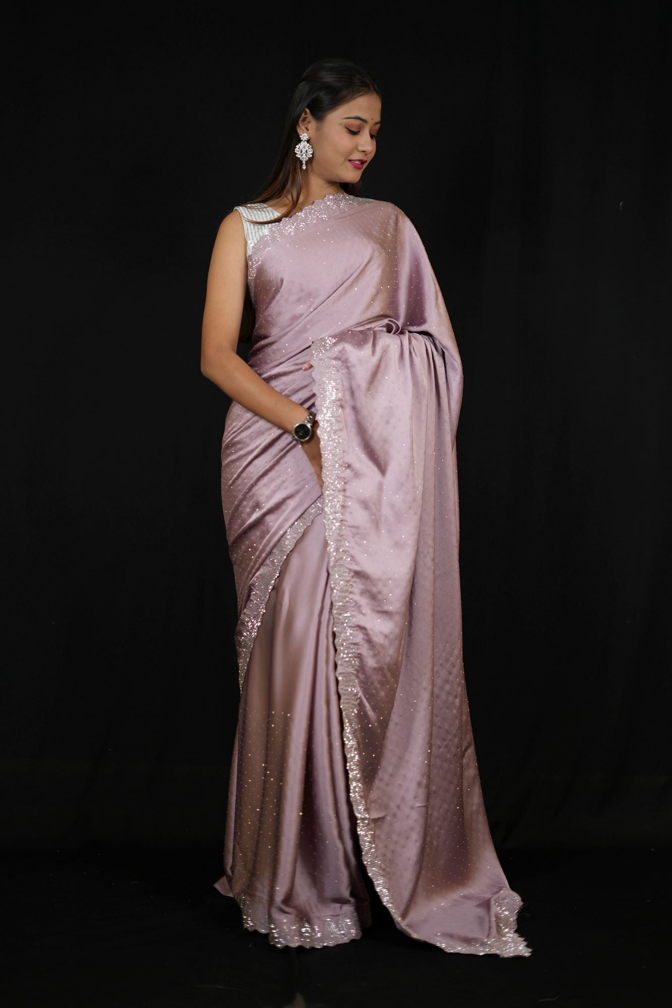 Light Purple Premium Satin Silk with Silver Scalloped & Sequinned Border Ready To Wear Saree