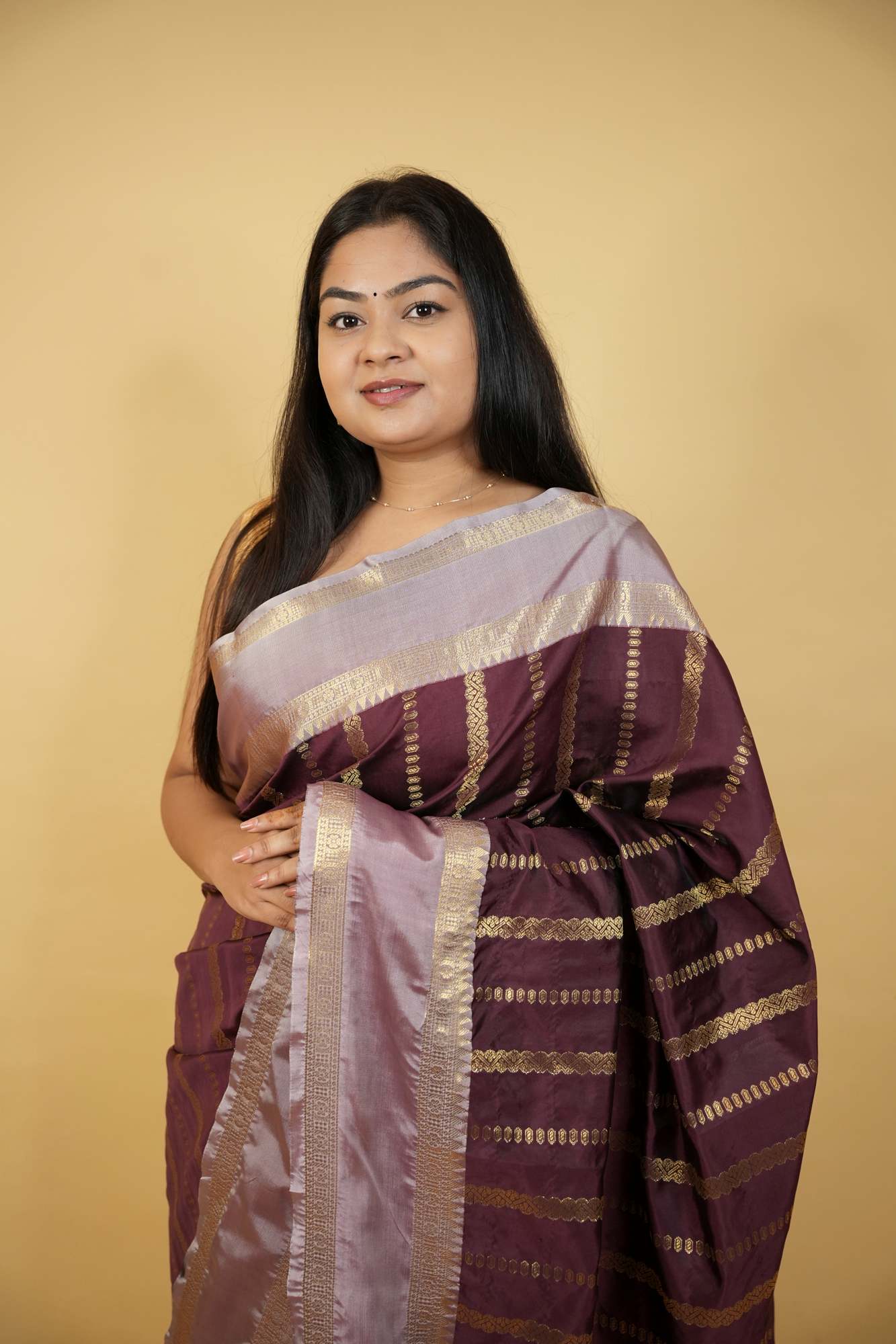 Banarasi Taffeta Silk with Zari Strip Weave & Contrast Border Wrap in 1 minute saree