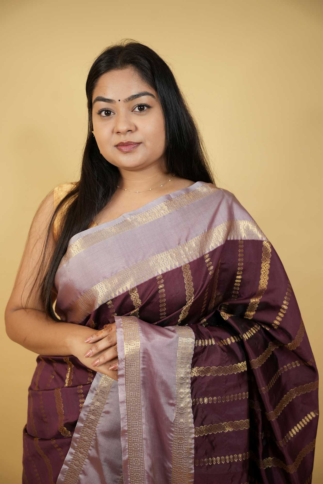 Banarasi Taffeta Silk with Zari Strip Weave & Contrast Border Wrap in 1 minute saree