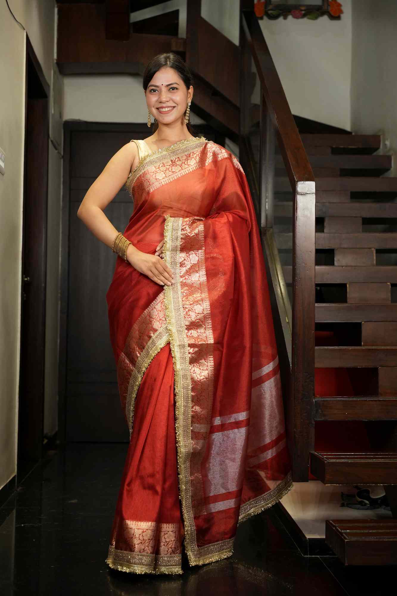 Red Tissue Silk with Golden Zari Weave & Ornate Border Ready To Wear Saree